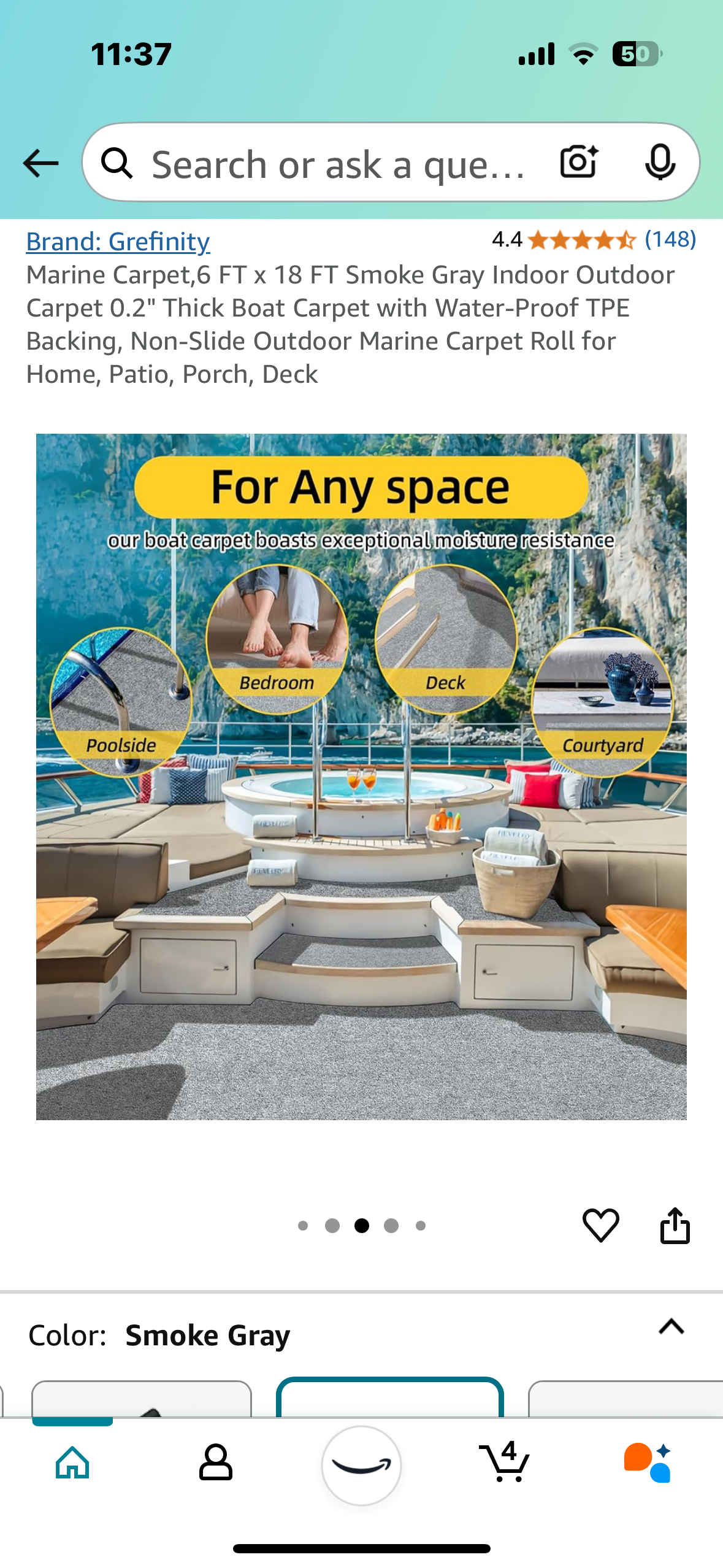New - 6' x 18' Marine Carpet Smoke Grey Outdoor Rug For Patio/Porch/Deck/Boat (G632)
