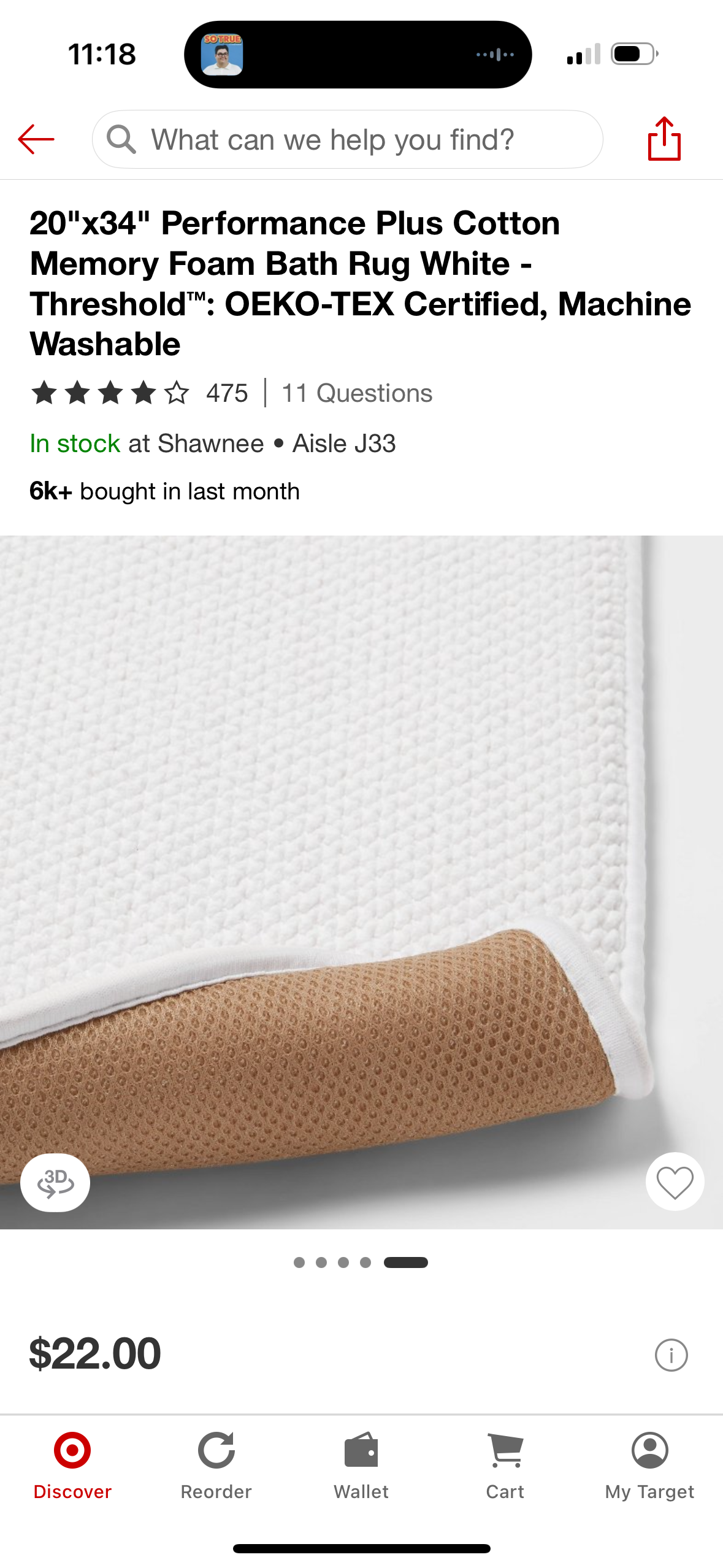 20"x34" Performance Plus Cotton Memory Foam Bath Rug White - Threshold™: OEKO-TEX Certified, Machine Washable