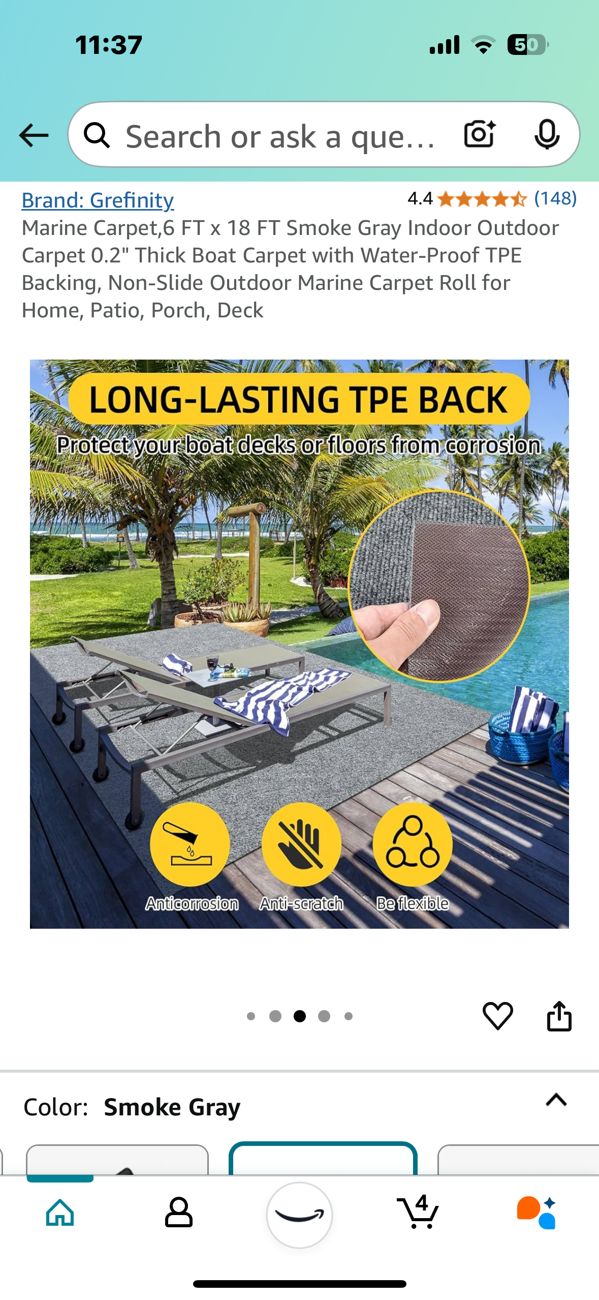 New - 6' x 18' Marine Carpet Smoke Grey Outdoor Rug For Patio/Porch/Deck/Boat (G632)