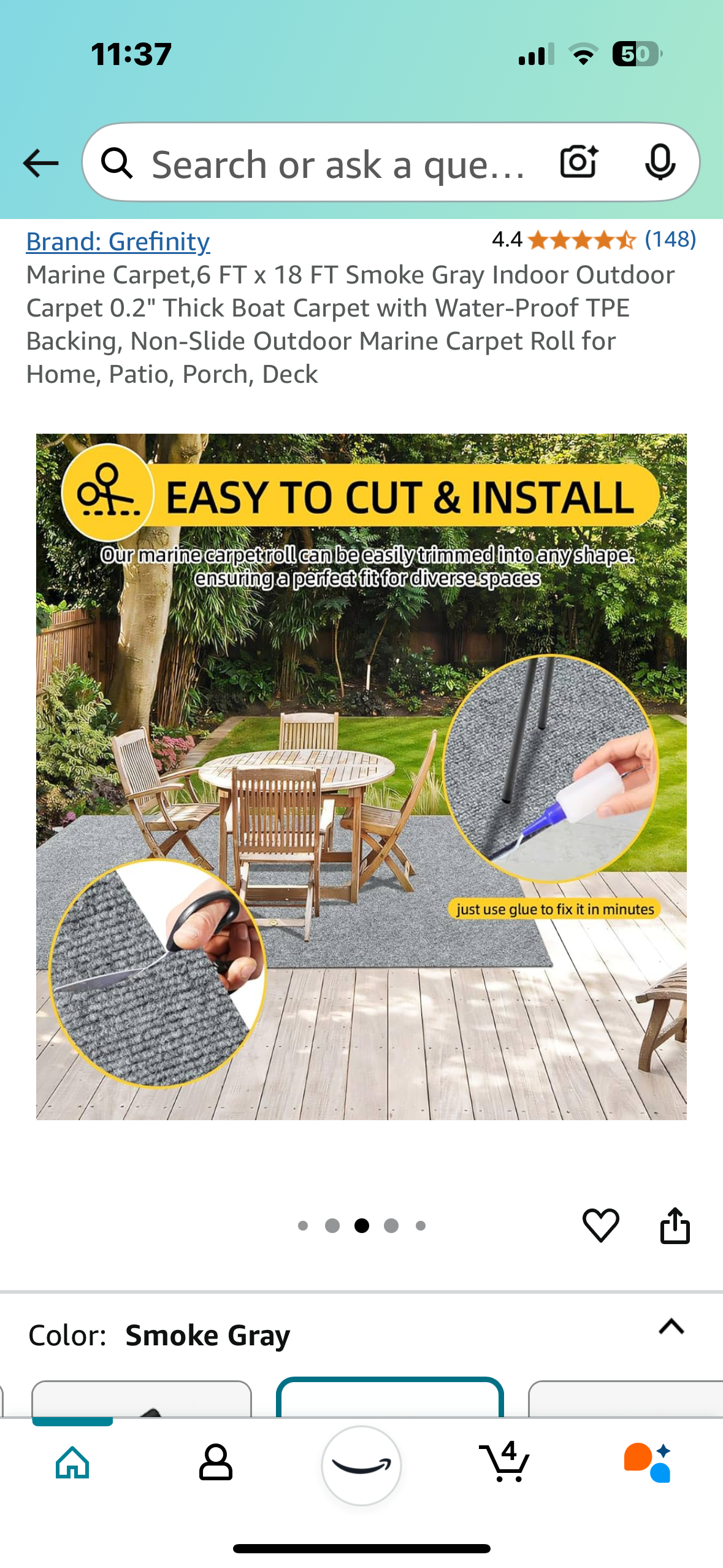 New - 6' x 18' Marine Carpet Smoke Grey Outdoor Rug For Patio/Porch/Deck/Boat (G632)