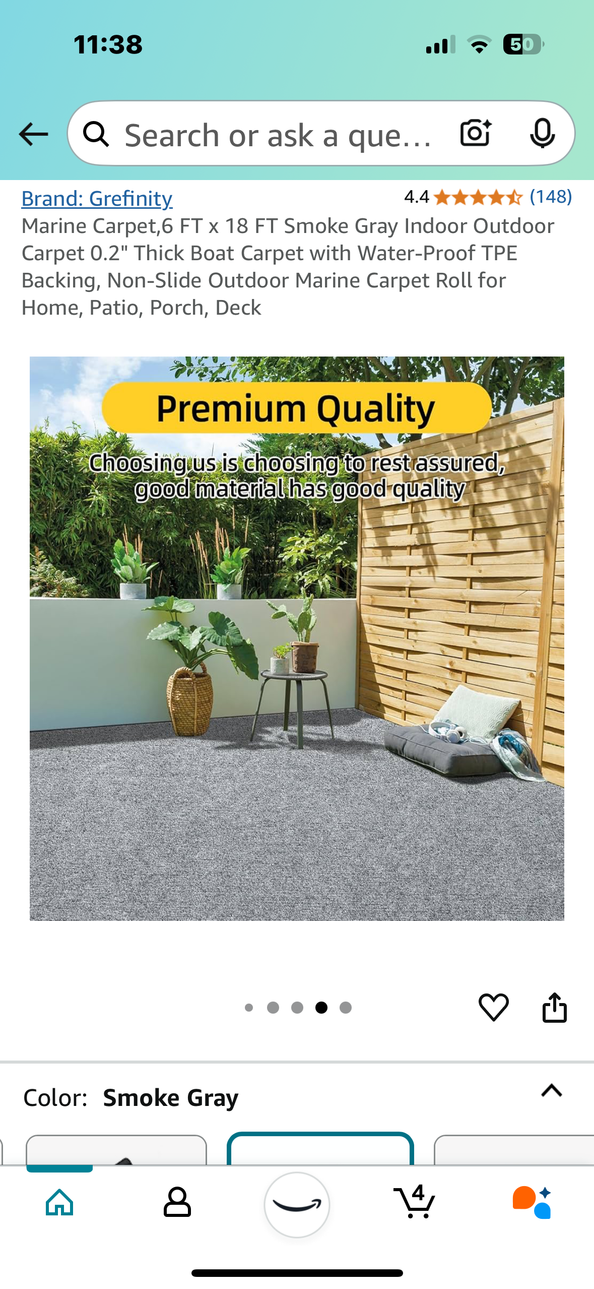 New - 6' x 18' Marine Carpet Smoke Grey Outdoor Rug For Patio/Porch/Deck/Boat (G632)