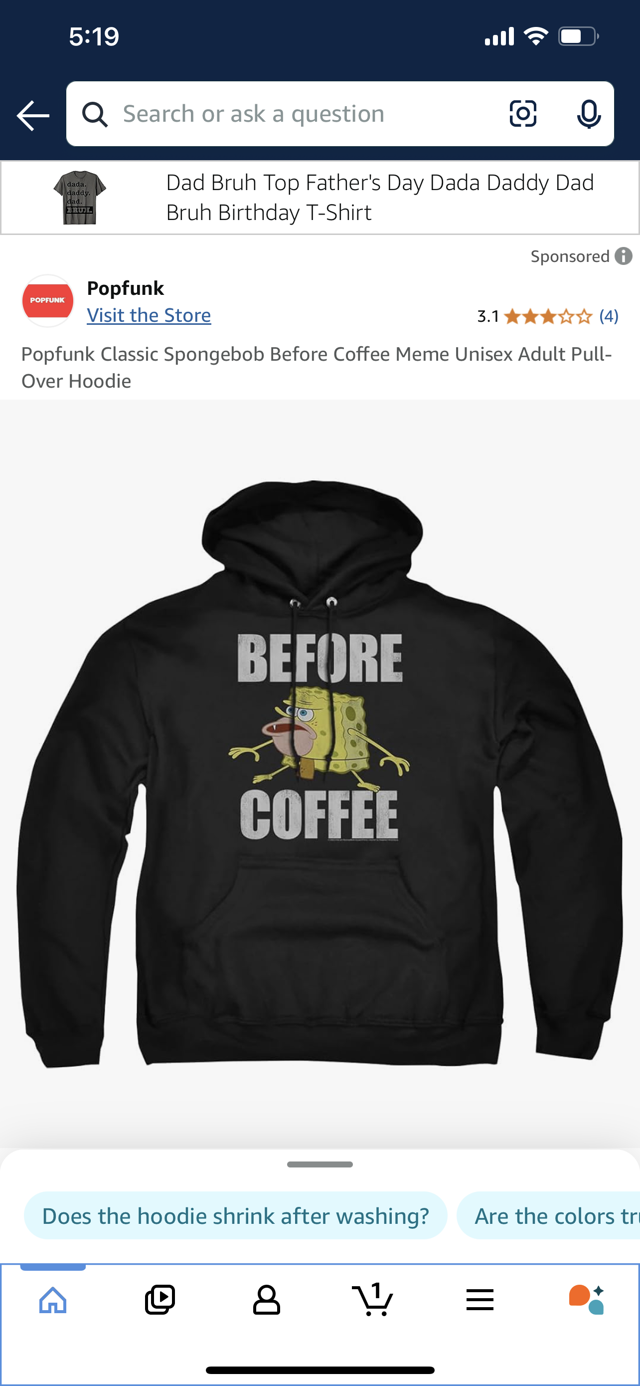 Popfunk Classic Spongebob Before Coffee Meme Unisex Adult Pull-Over Hoodie Medium