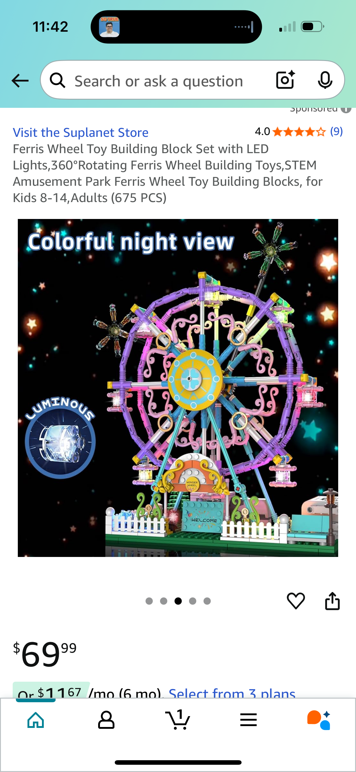 Ferris Wheel Toy Building Block Set with LED Lights,360°Rotating Ferris Wheel Building Toys,STEM Amusement Park Ferris Wheel Toy Building Blocks, for Kids 8-14,Adults (675 PCS)