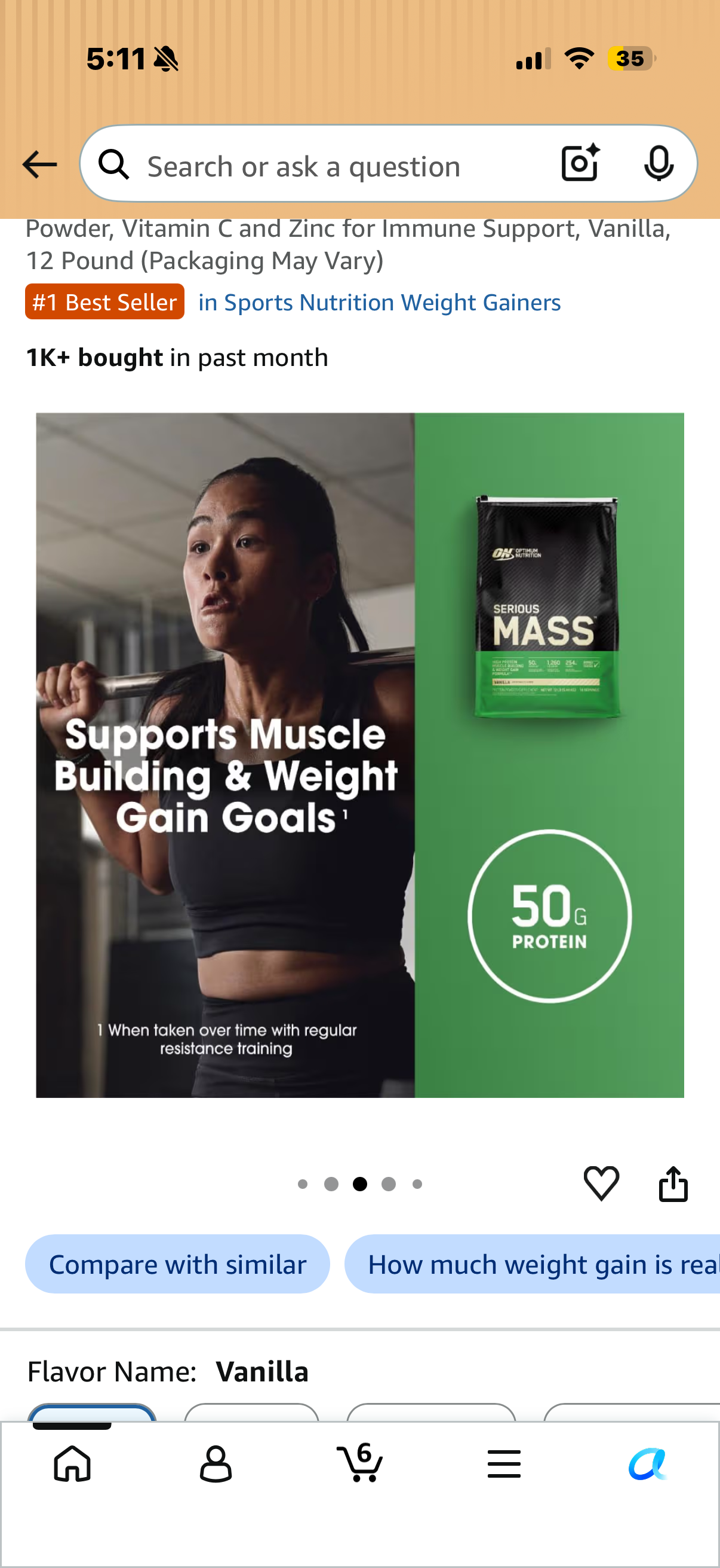 Optimum Nutrition Serious Mass Weight Gainer Protein Powder, Vitamin C and Zinc for Immune Support, Vanilla, 12 Pound (Packaging May Vary