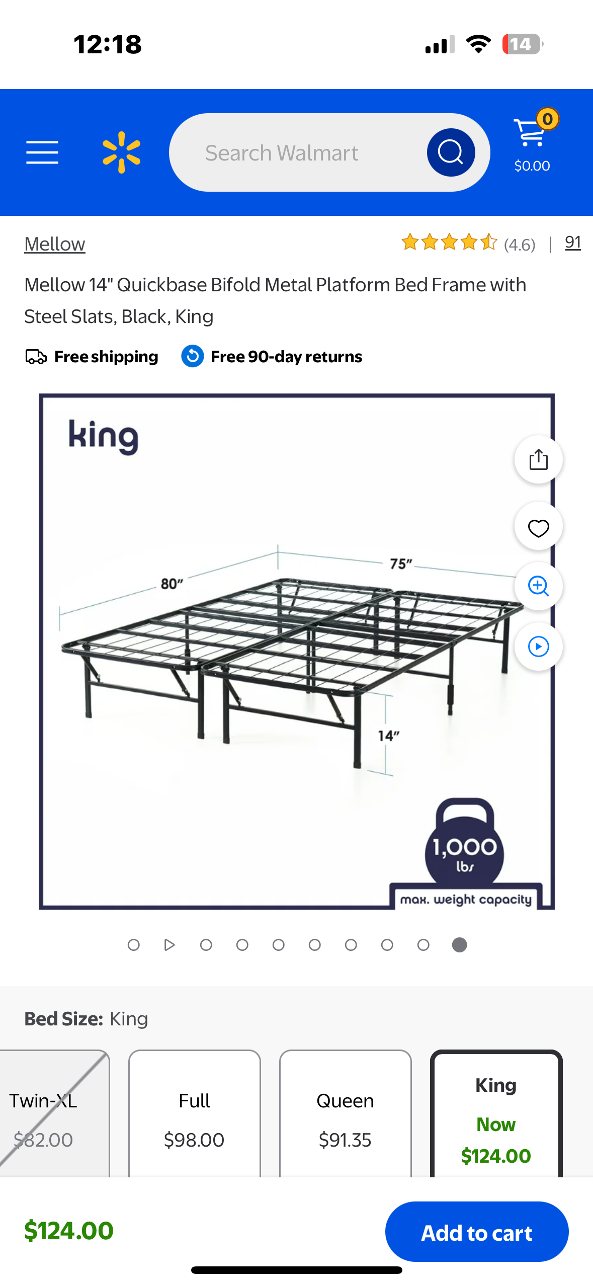 Mellow 14" Quickbase Bifold Metal Platform Bed Frame with Steel Slats, Black, King (B1050)