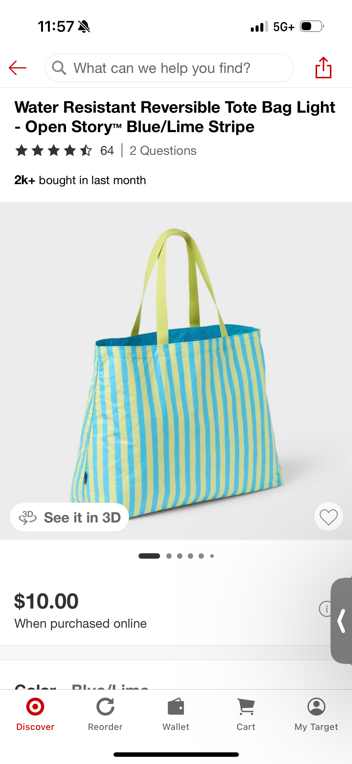 Water Resistant Reversible Tote Bag Light - Open Story™ Blue/Lime Stripe
