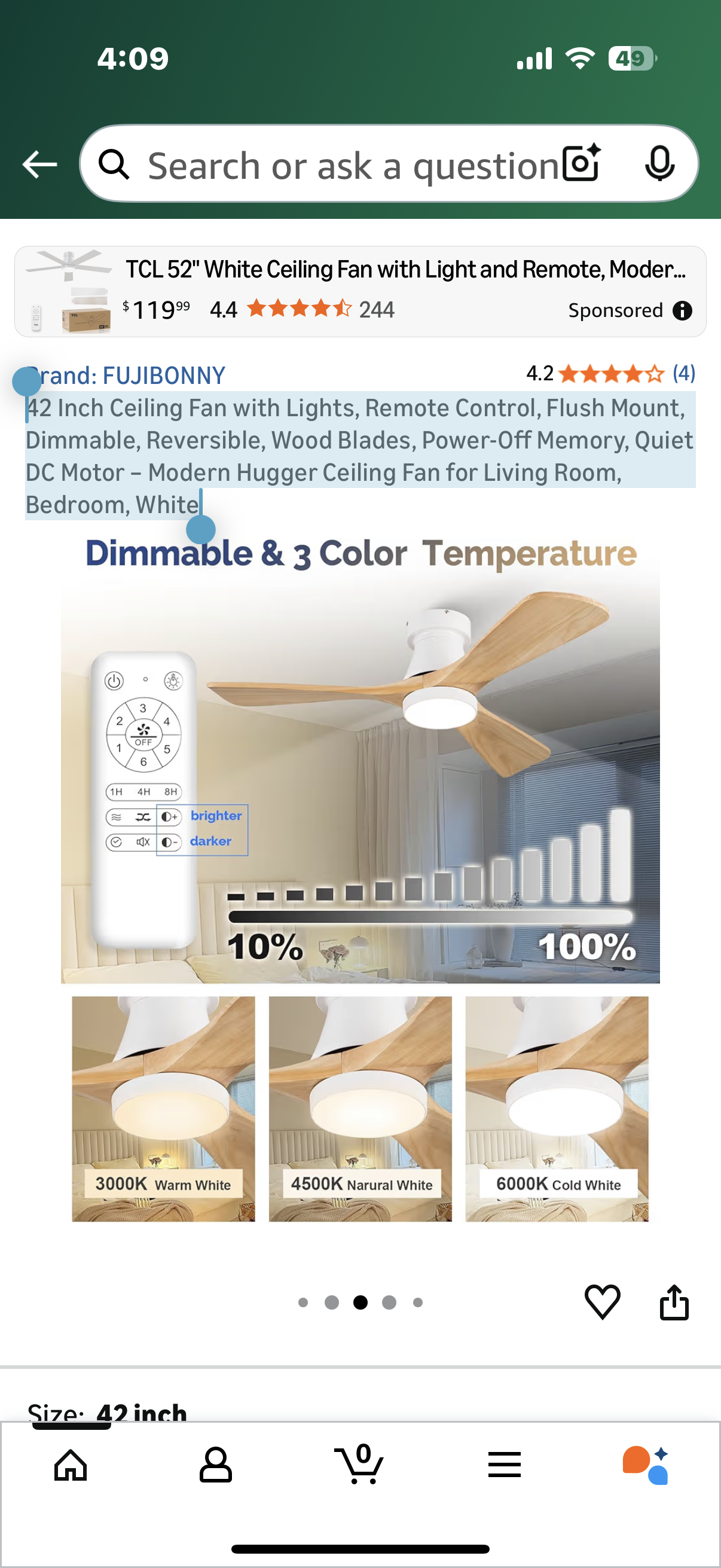 42 Inch Ceiling Fan with Lights, Remote Control, Flush Mount, Dimmable, Reversible, Wood Blades, Power-Off Memory, Quiet DC Motor – Modern Hugger Ceiling Fan for Living Room, Bedroom, White