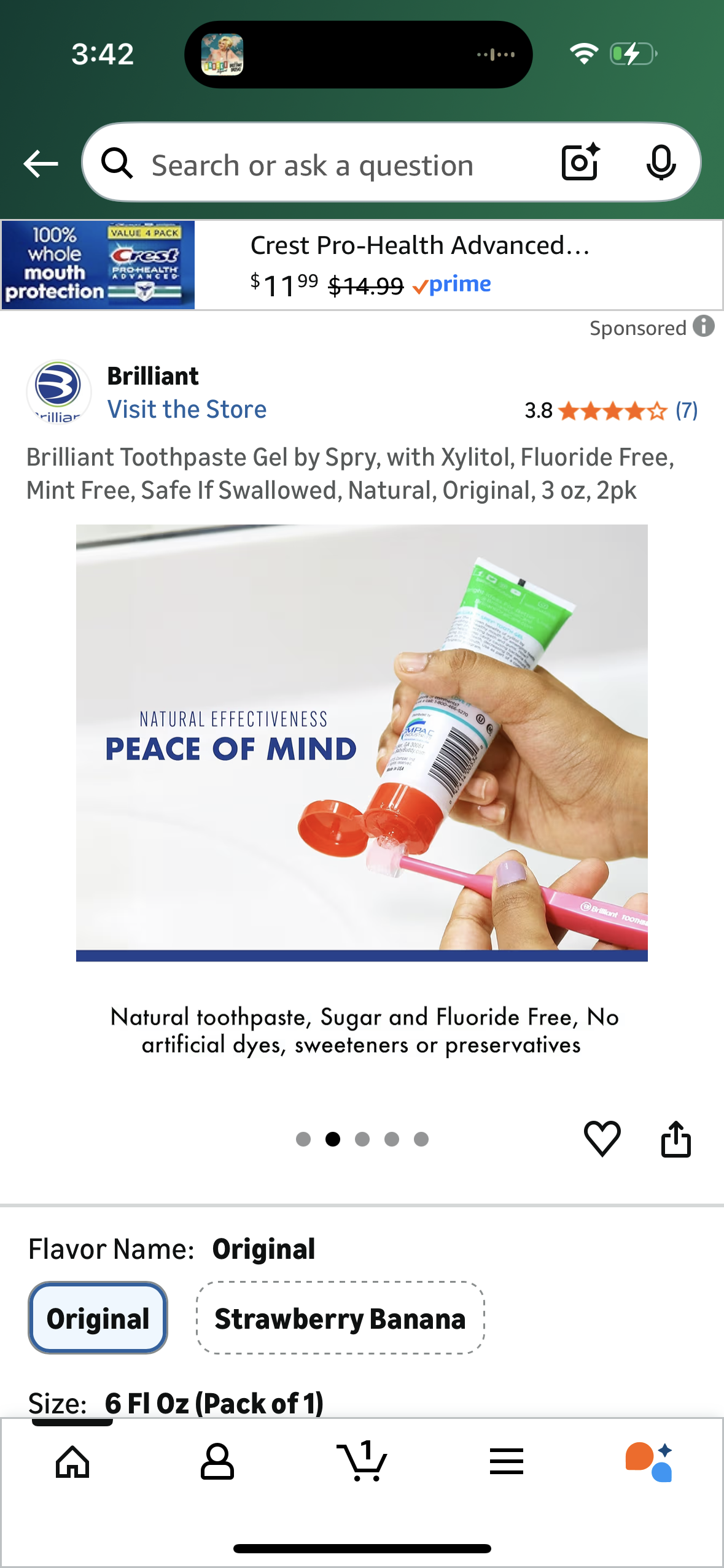 Brilliant Toothpaste Gel by Spry, with Xylitol, Fluoride Free, Mint Free, Safe If Swallowed, Natural, Original, 3 oz, 2pk