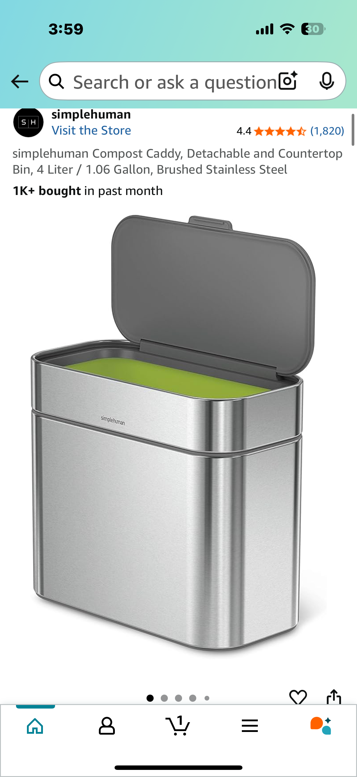 simplehuman Compost Caddy, Detachable and Countertop Bin, 4 Liter / 1.06 Gallon, Brushed Stainless Steel