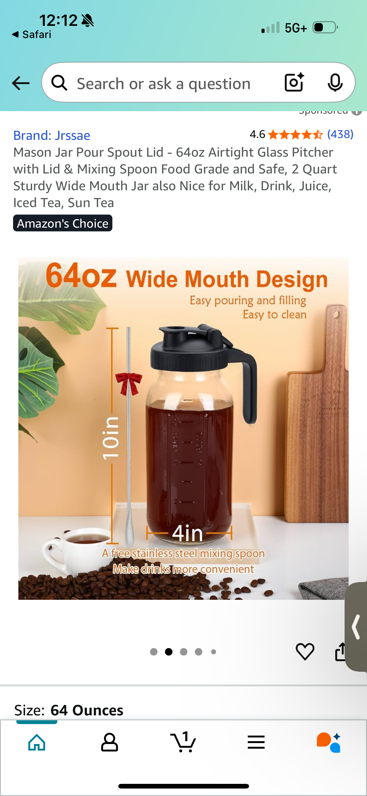 Mason Jar Pour Spout Lid - 64oz Airtight Glass Pitcher with Lid & Mixing Spoon Food Grade and Safe, 2 Quart Sturdy Wide Mouth Jar also Nice for Milk, Drink, Juice, Iced Tea, Sun Tea