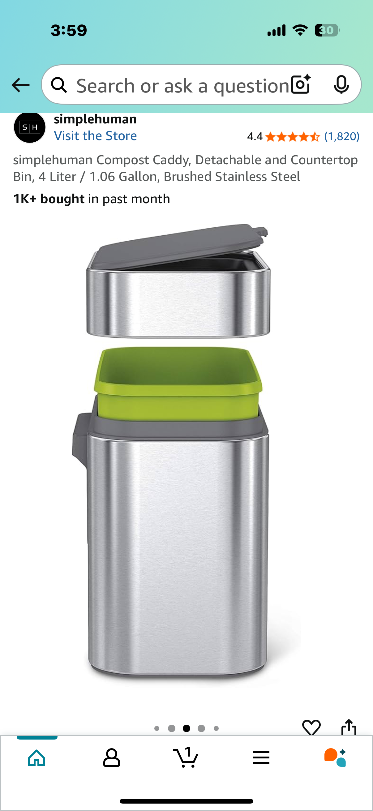 simplehuman Compost Caddy, Detachable and Countertop Bin, 4 Liter / 1.06 Gallon, Brushed Stainless Steel