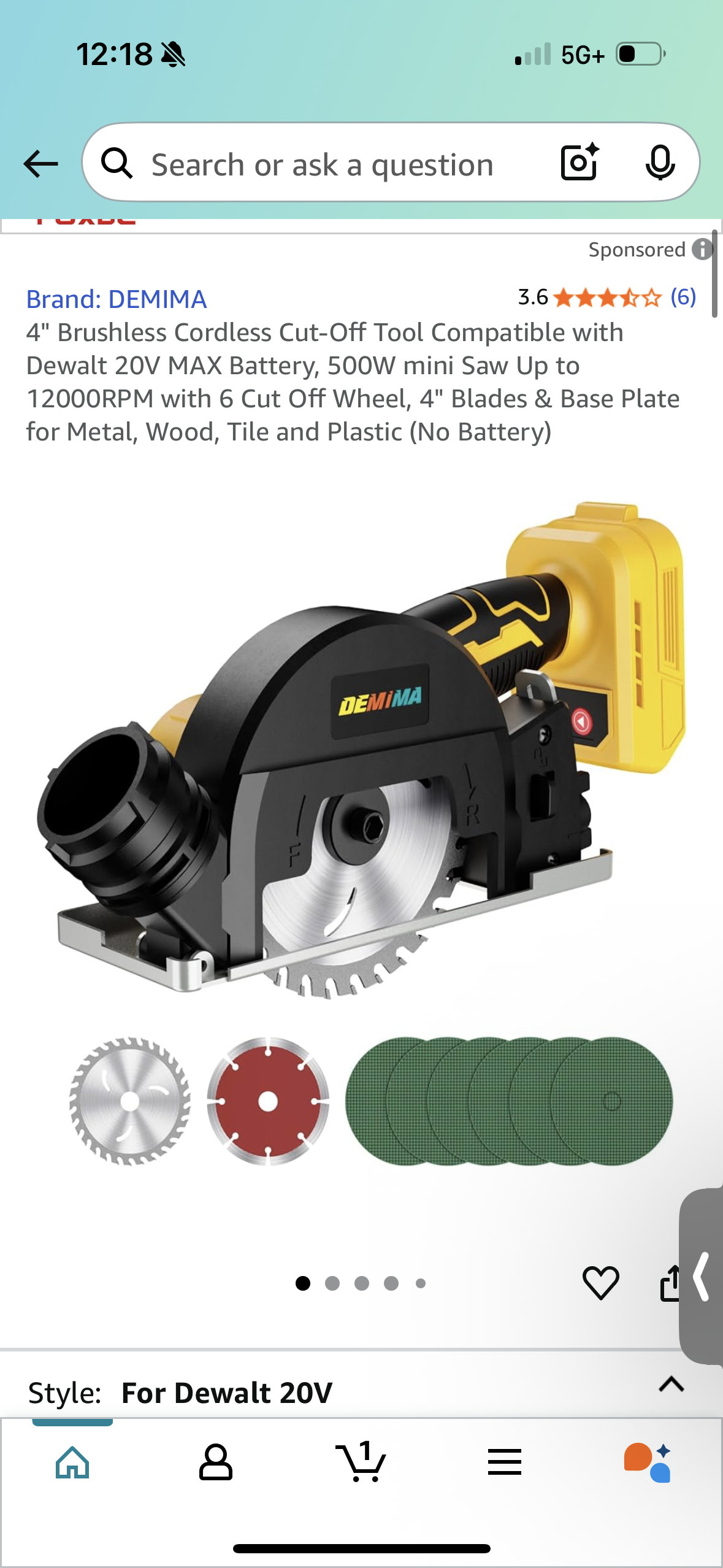 4" Brushless Cordless Cut-Off Tool Compatible with Dewalt 20V MAX Battery, 500W mini Saw Up to 12000RPM with 6 Cut Off Wheel, 4" Blades & Base Plate for Metal, Wood, Tile and Plastic (No Battery)