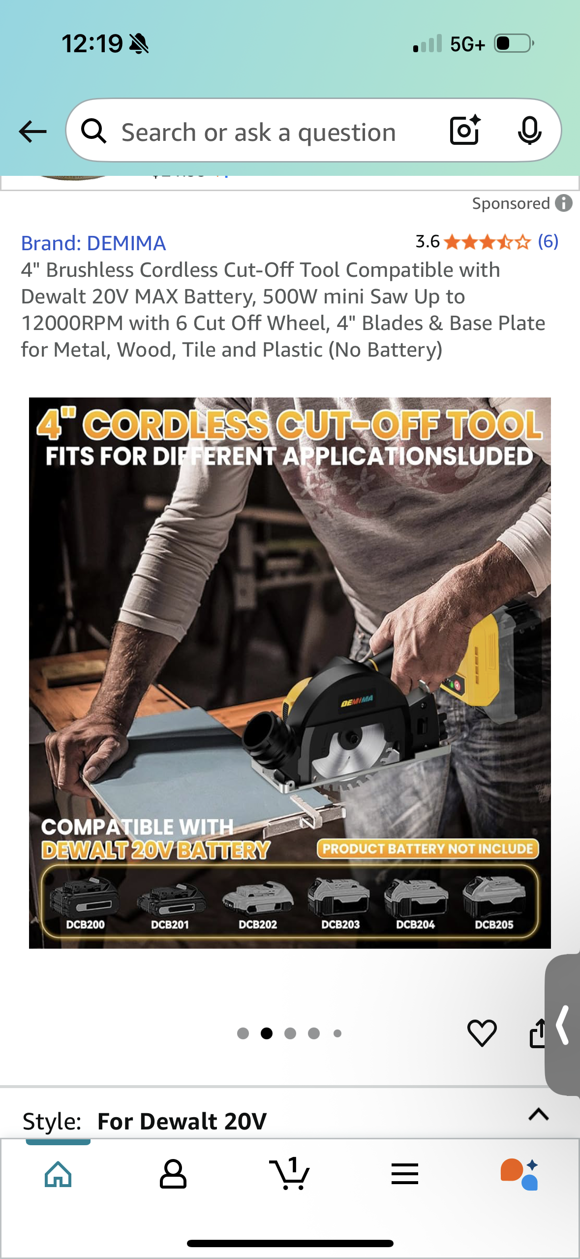 4" Brushless Cordless Cut-Off Tool Compatible with Dewalt 20V MAX Battery, 500W mini Saw Up to 12000RPM with 6 Cut Off Wheel, 4" Blades & Base Plate for Metal, Wood, Tile and Plastic (No Battery)