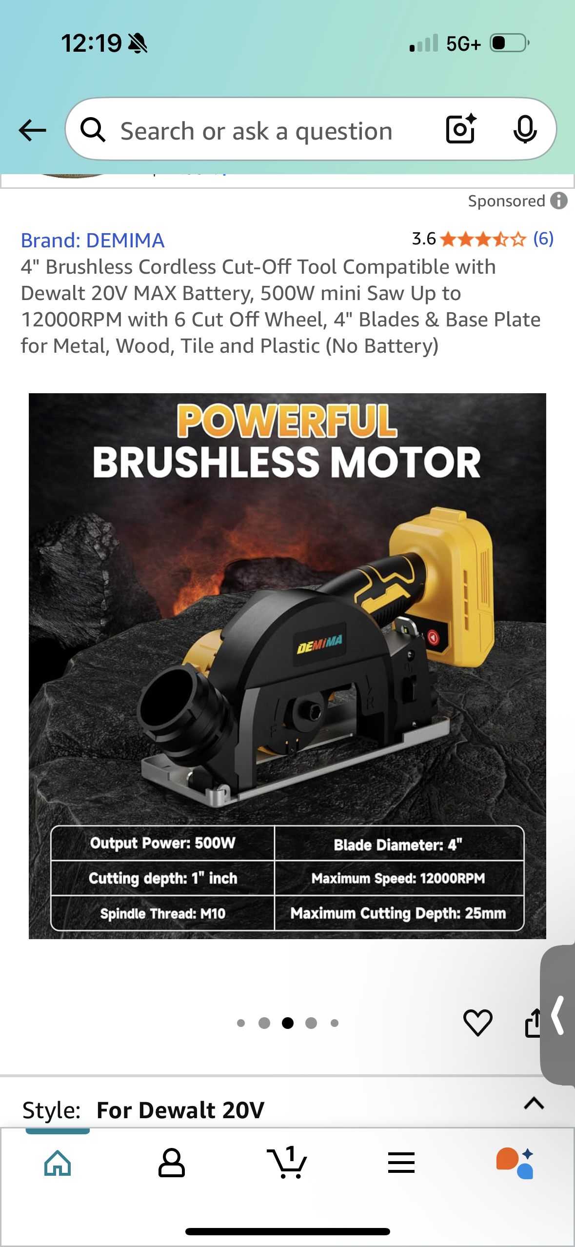 4" Brushless Cordless Cut-Off Tool Compatible with Dewalt 20V MAX Battery, 500W mini Saw Up to 12000RPM with 6 Cut Off Wheel, 4" Blades & Base Plate for Metal, Wood, Tile and Plastic (No Battery)