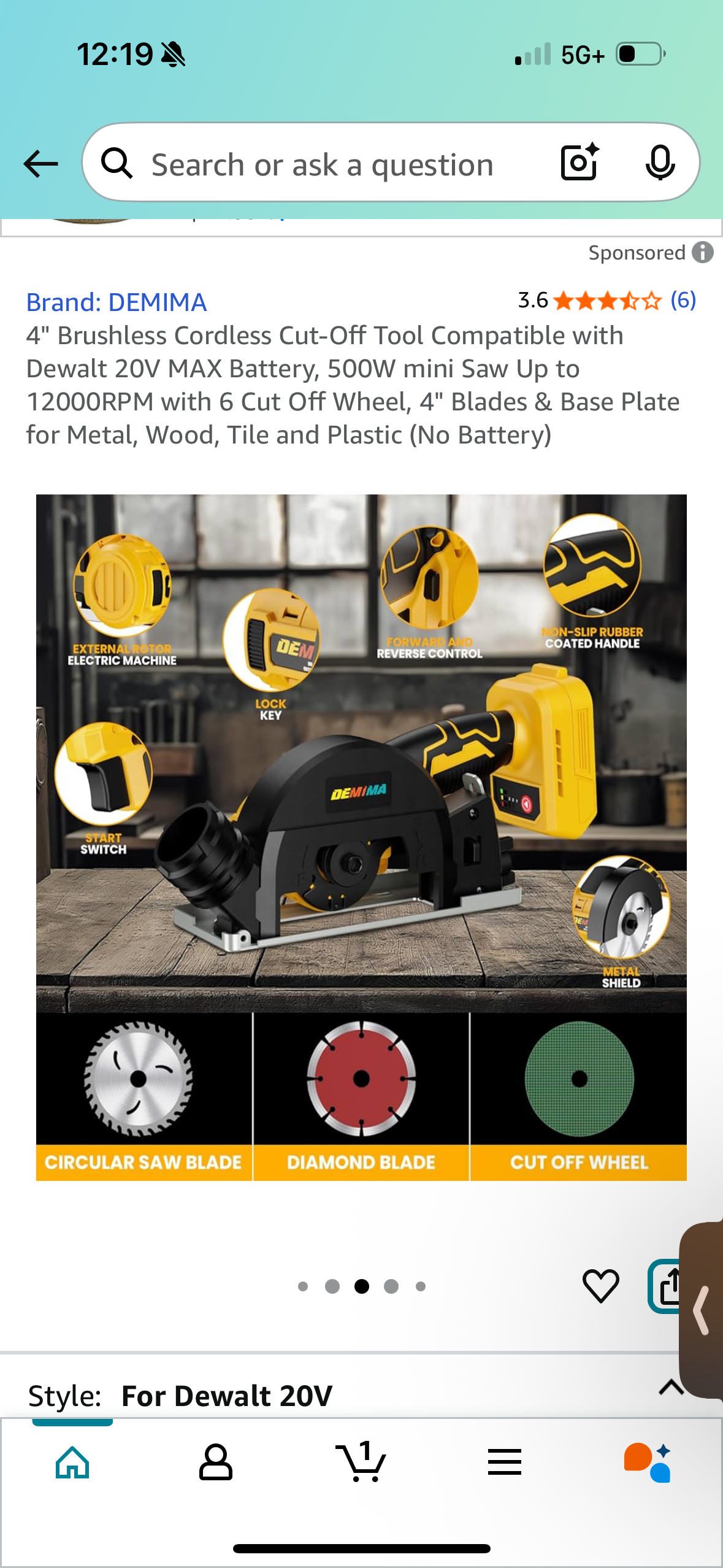 4" Brushless Cordless Cut-Off Tool Compatible with Dewalt 20V MAX Battery, 500W mini Saw Up to 12000RPM with 6 Cut Off Wheel, 4" Blades & Base Plate for Metal, Wood, Tile and Plastic (No Battery)