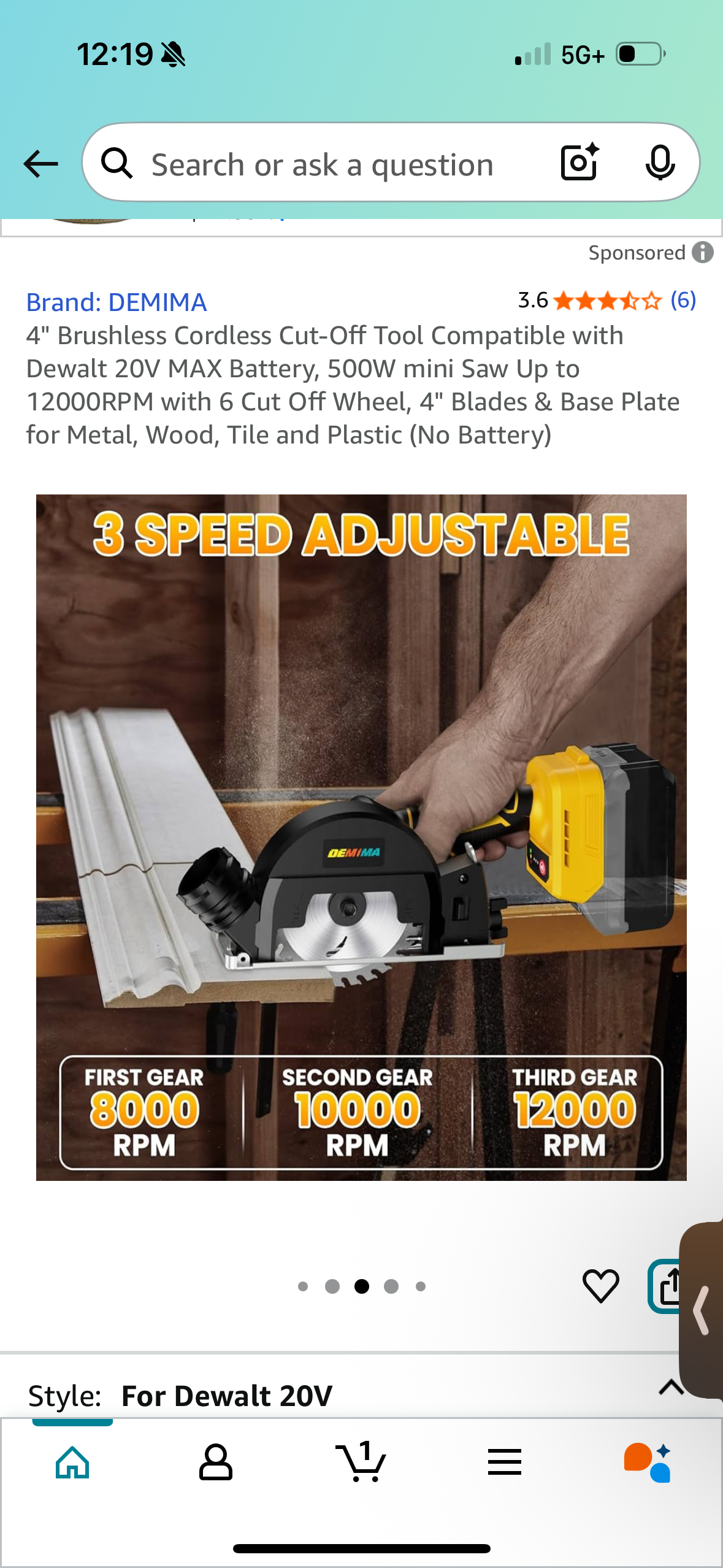 4" Brushless Cordless Cut-Off Tool Compatible with Dewalt 20V MAX Battery, 500W mini Saw Up to 12000RPM with 6 Cut Off Wheel, 4" Blades & Base Plate for Metal, Wood, Tile and Plastic (No Battery)