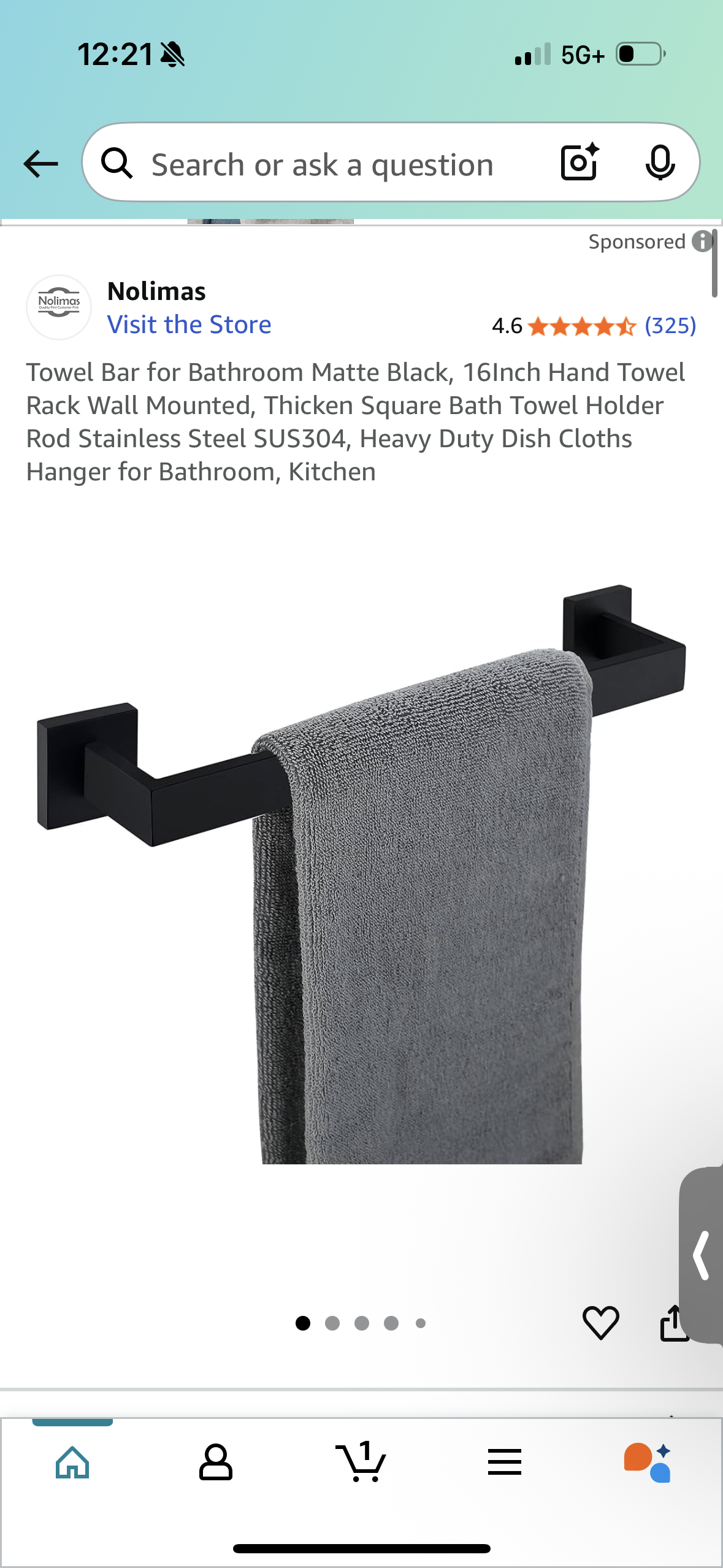 Towel Bar for Bathroom Matte Black, 16Inch Hand Towel Rack Wall Mounted, Thicken Square Bath Towel Holder Rod Stainless Steel SUS304, Heavy Duty Dish Cloths Hanger for Bathroom, Kitchen