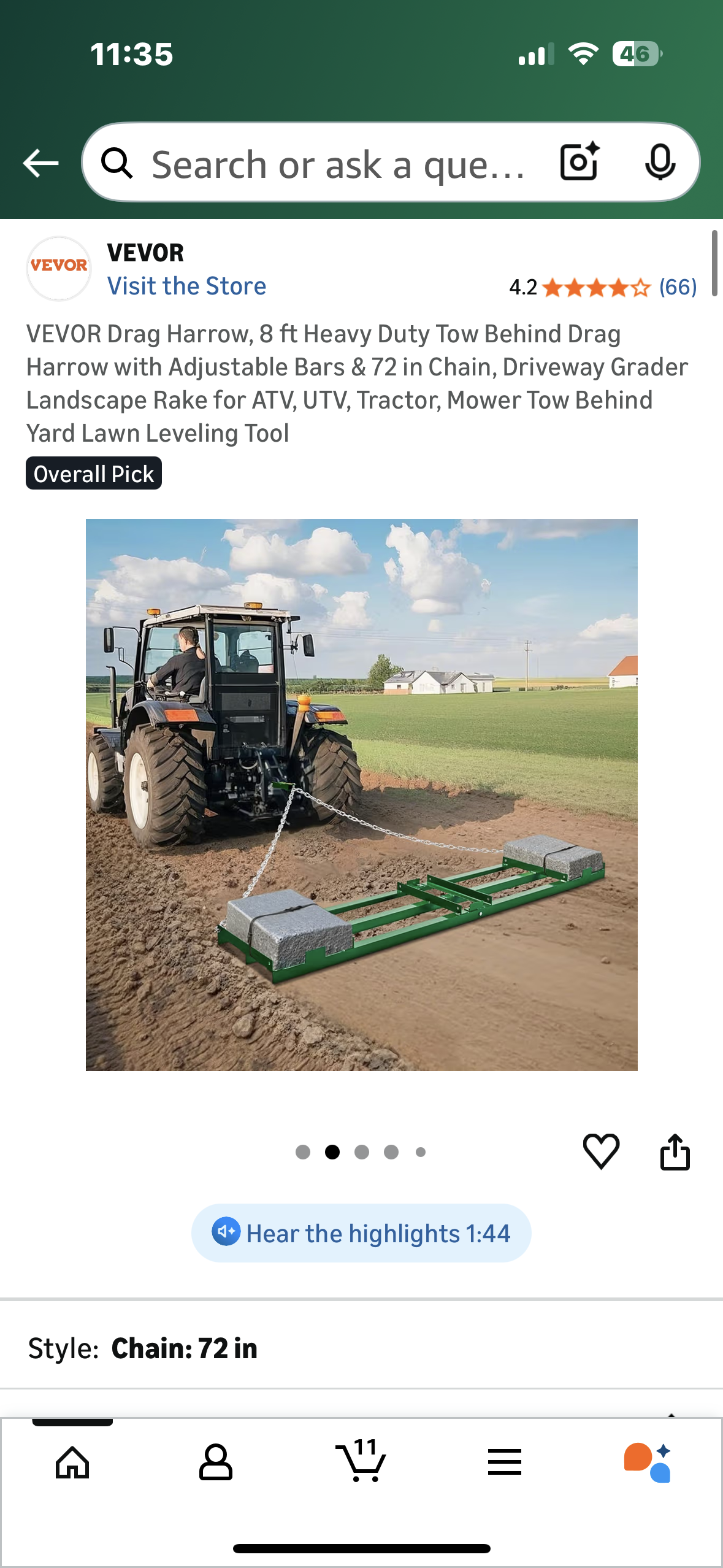 VEVOR Drag Harrow, 8 ft Heavy Duty Tow Behind Drag Harrow with Adjustable Bars & 72 in Chain, Driveway Grader, Landscape Rake, for ATV, UTV, Tractor, Mower, Tow Behind Yard Lawn Leveling Tool (G912)