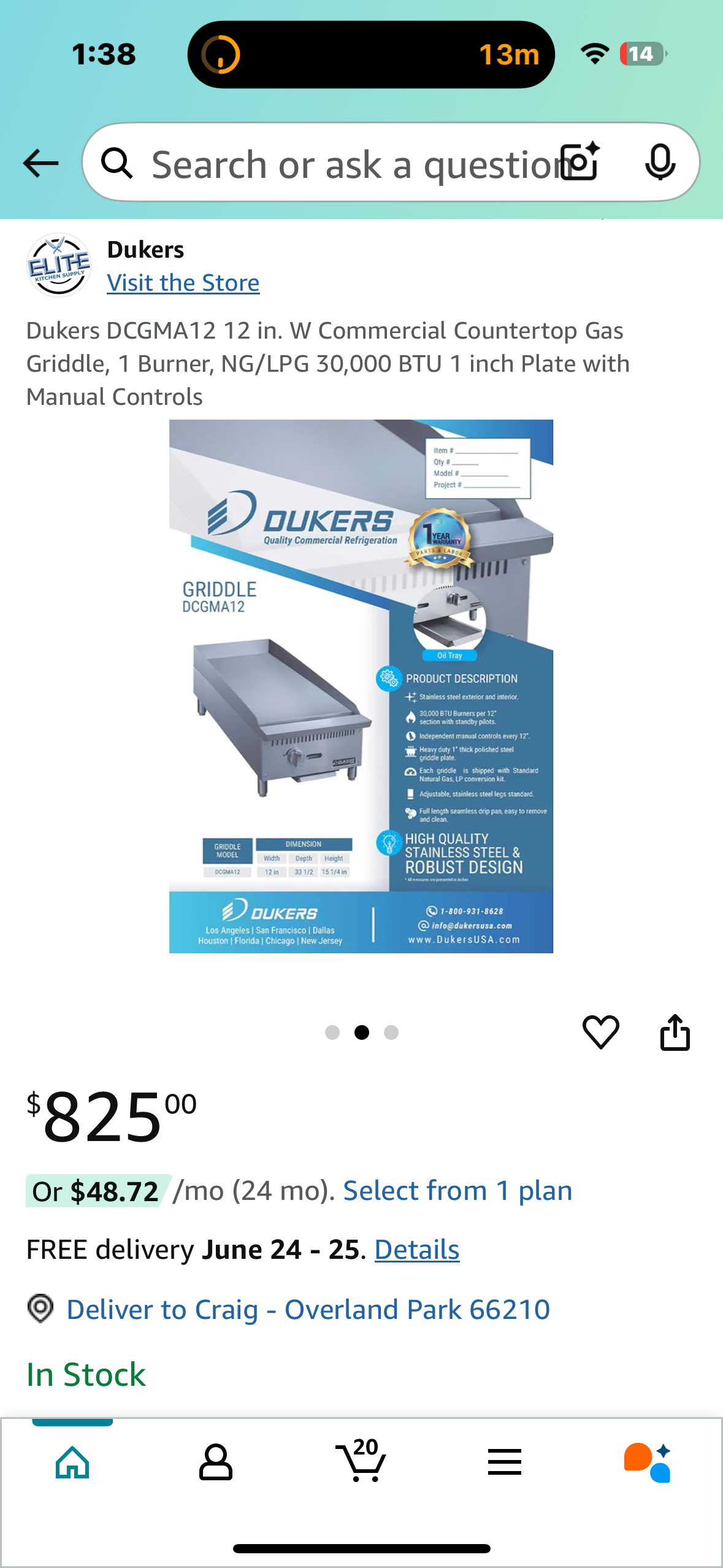 New - Dukers DCGMA12 12” Commercial Countertop Gas Griddle, 1 Burner, NG/LPG 30,000 BTU 1 inch Plate with Manual Controls (R551)