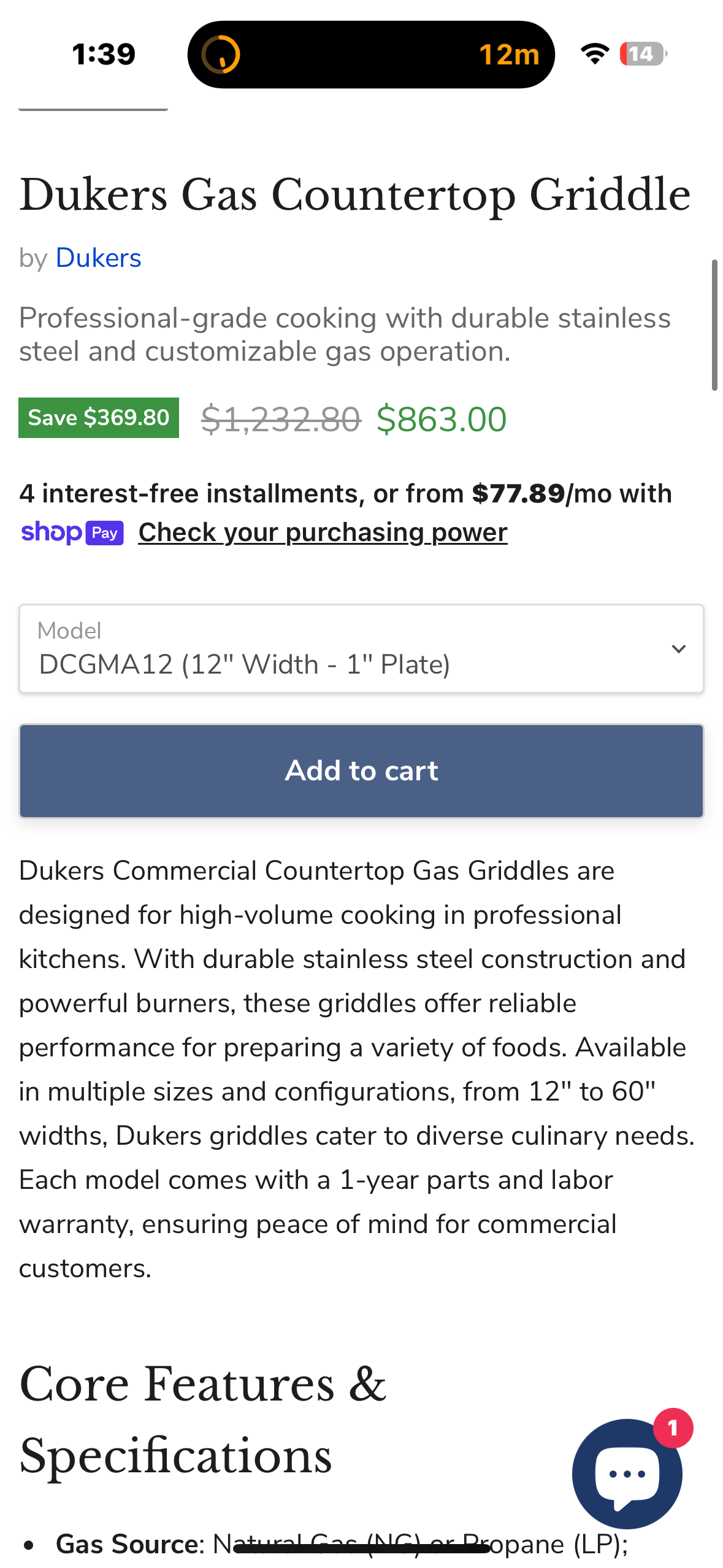 New - Dukers DCGMA12 12” Commercial Countertop Gas Griddle, 1 Burner, NG/LPG 30,000 BTU 1 inch Plate with Manual Controls (R551)