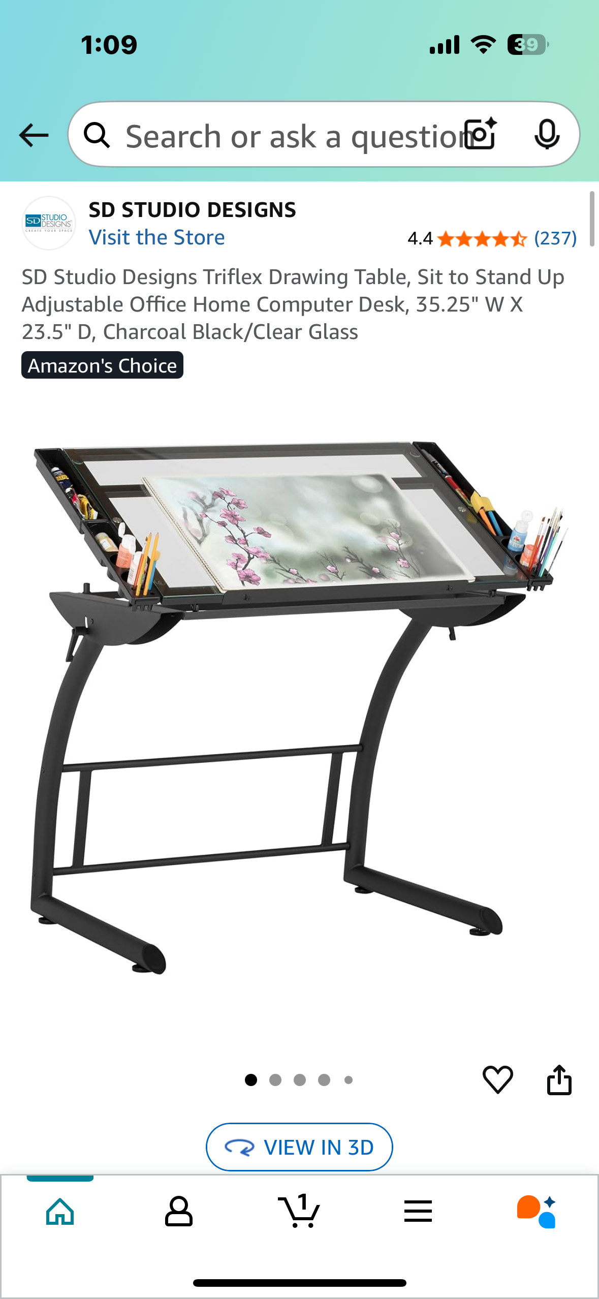 SD Studio Designs Triflex Drawing Table, Sit to Stand Up Adjustable Office Home Computer Desk, 35.25" W X 23.5" D, Charcoal Black/Clear Glass (O438)