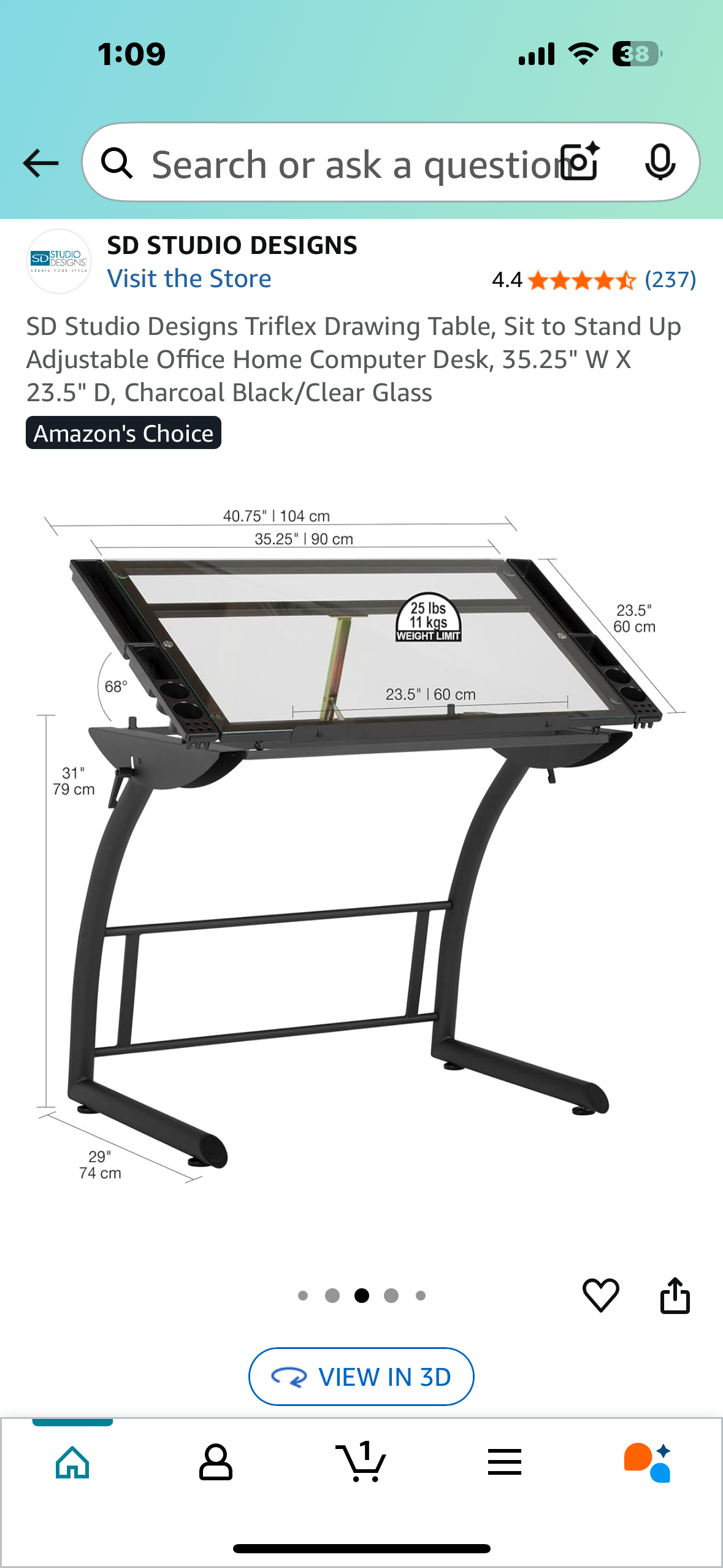 SD Studio Designs Triflex Drawing Table, Sit to Stand Up Adjustable Office Home Computer Desk, 35.25" W X 23.5" D, Charcoal Black/Clear Glass (O438)