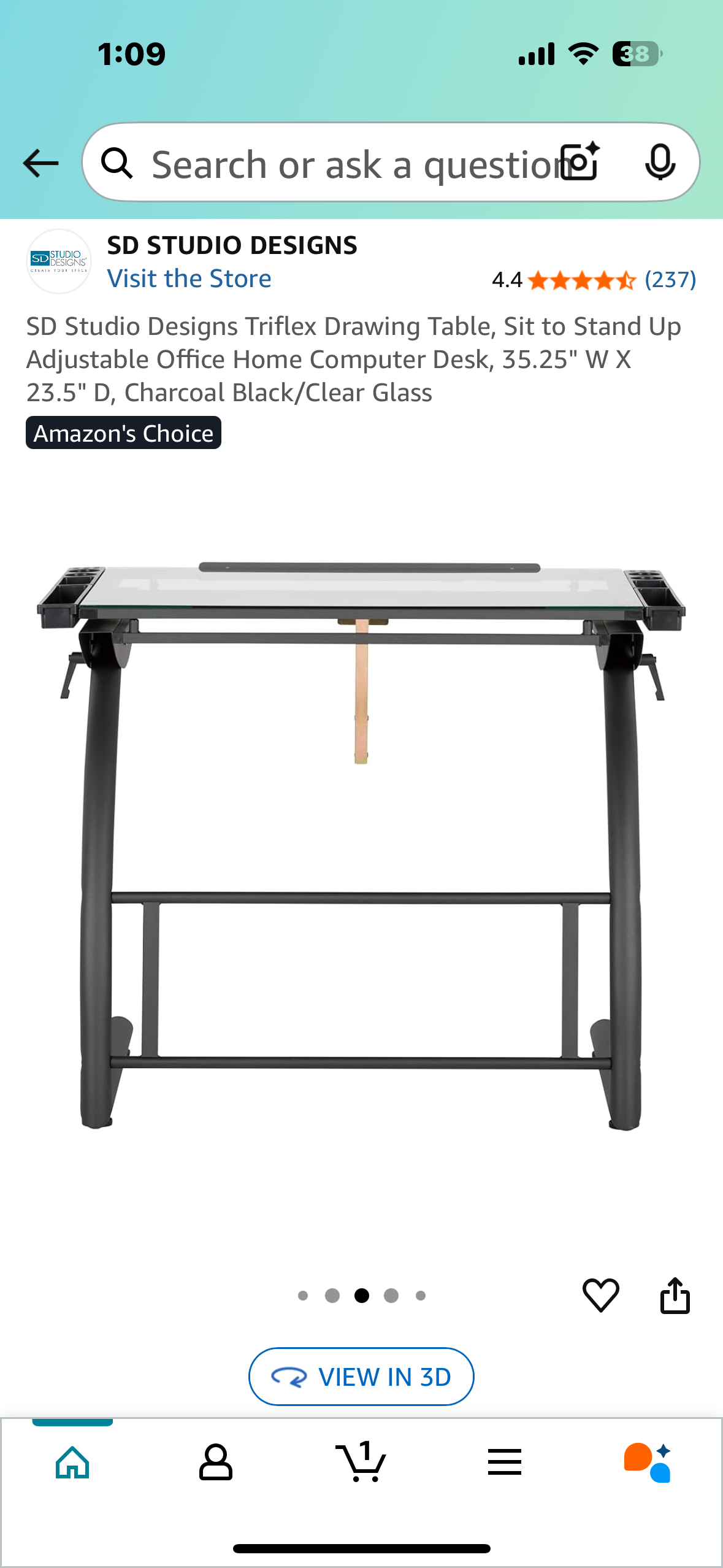 SD Studio Designs Triflex Drawing Table, Sit to Stand Up Adjustable Office Home Computer Desk, 35.25" W X 23.5" D, Charcoal Black/Clear Glass (O438)