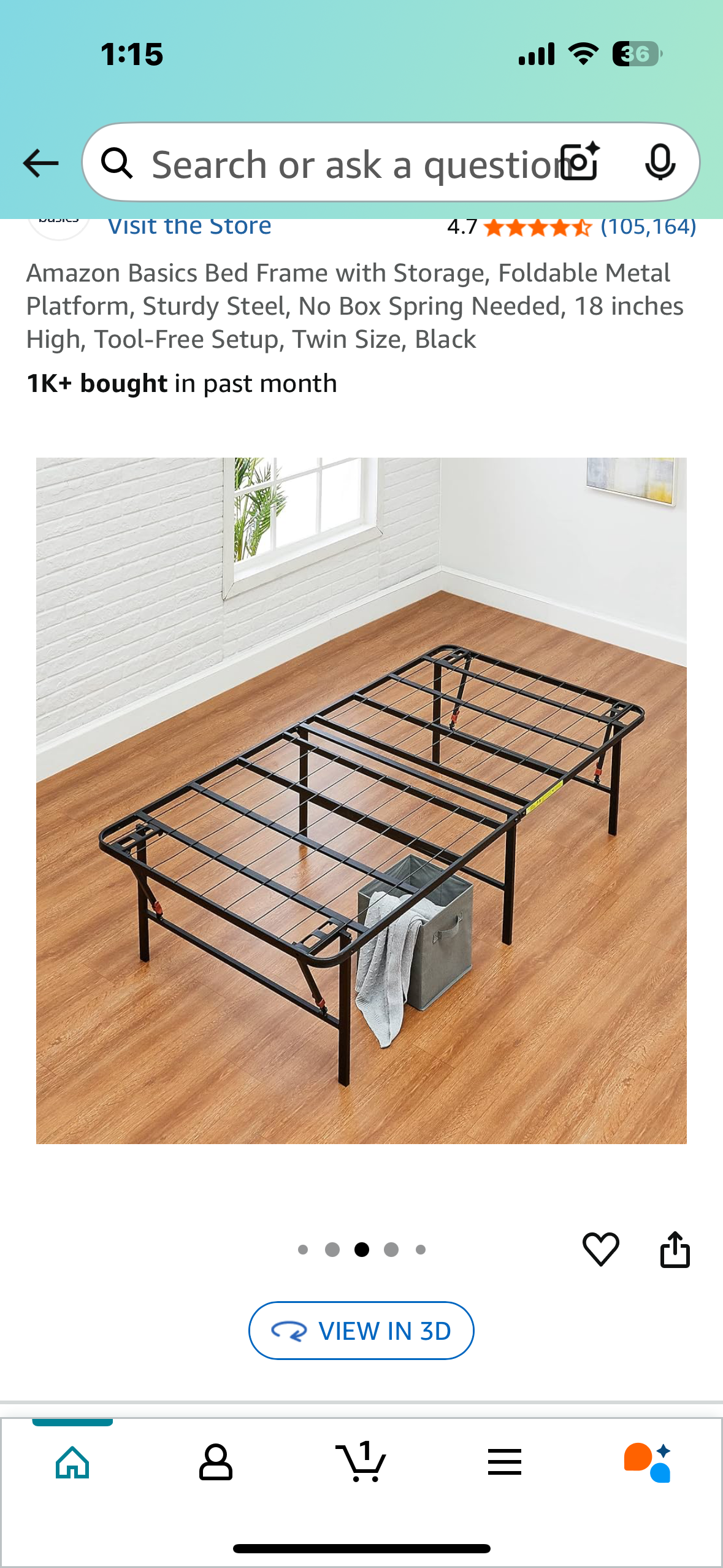 Amazon Basics Bed Frame with Storage, Foldable Metal Platform, Sturdy Steel, No Box Spring Needed, 18 inches High, Tool-Free Setup, Twin Size, Black (B1057)