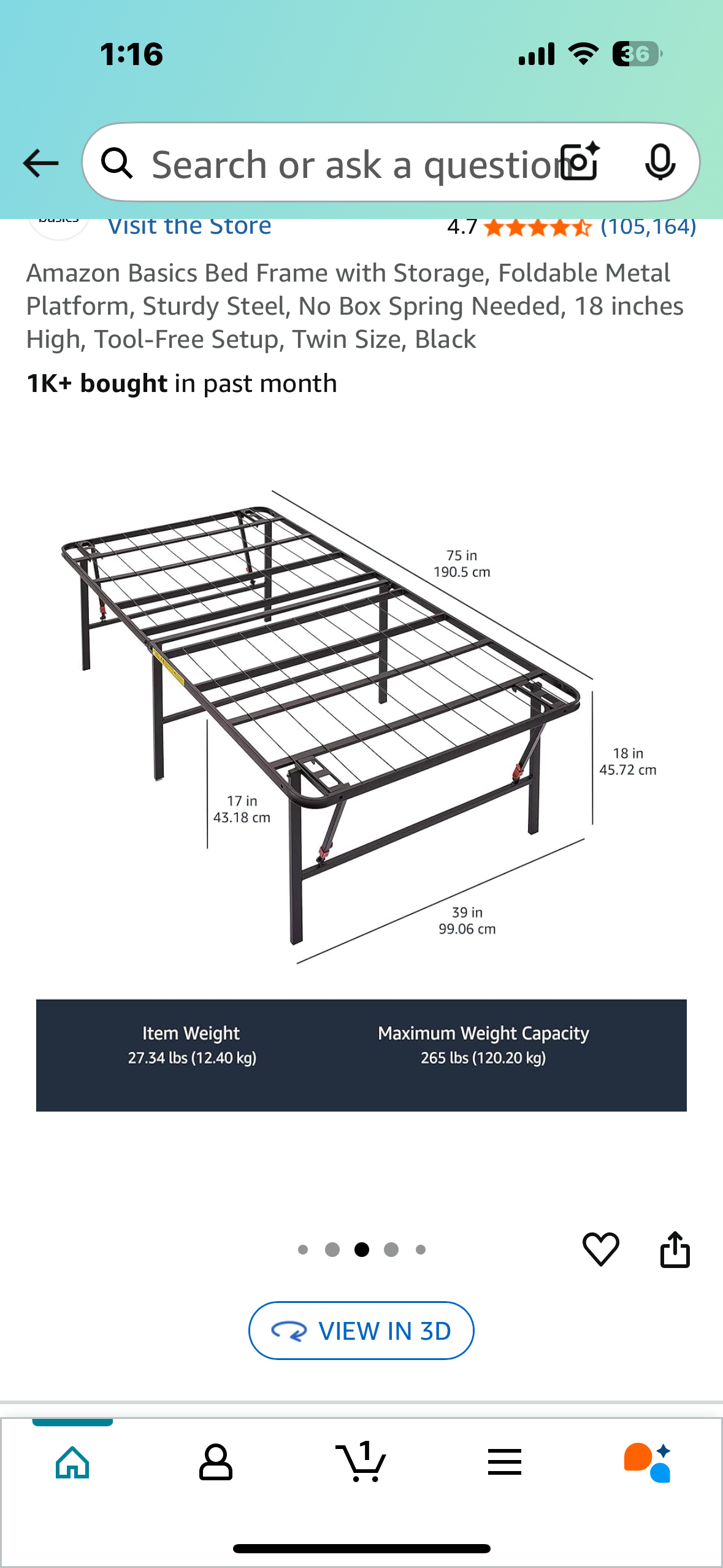 Amazon Basics Bed Frame with Storage, Foldable Metal Platform, Sturdy Steel, No Box Spring Needed, 18 inches High, Tool-Free Setup, Twin Size, Black (B1057)