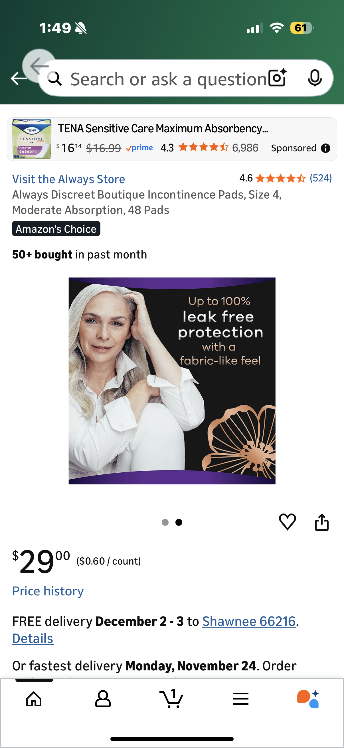 Always Discreet Boutique Incontinence Pads, Size 4, Moderate Absorption, 48 Pads