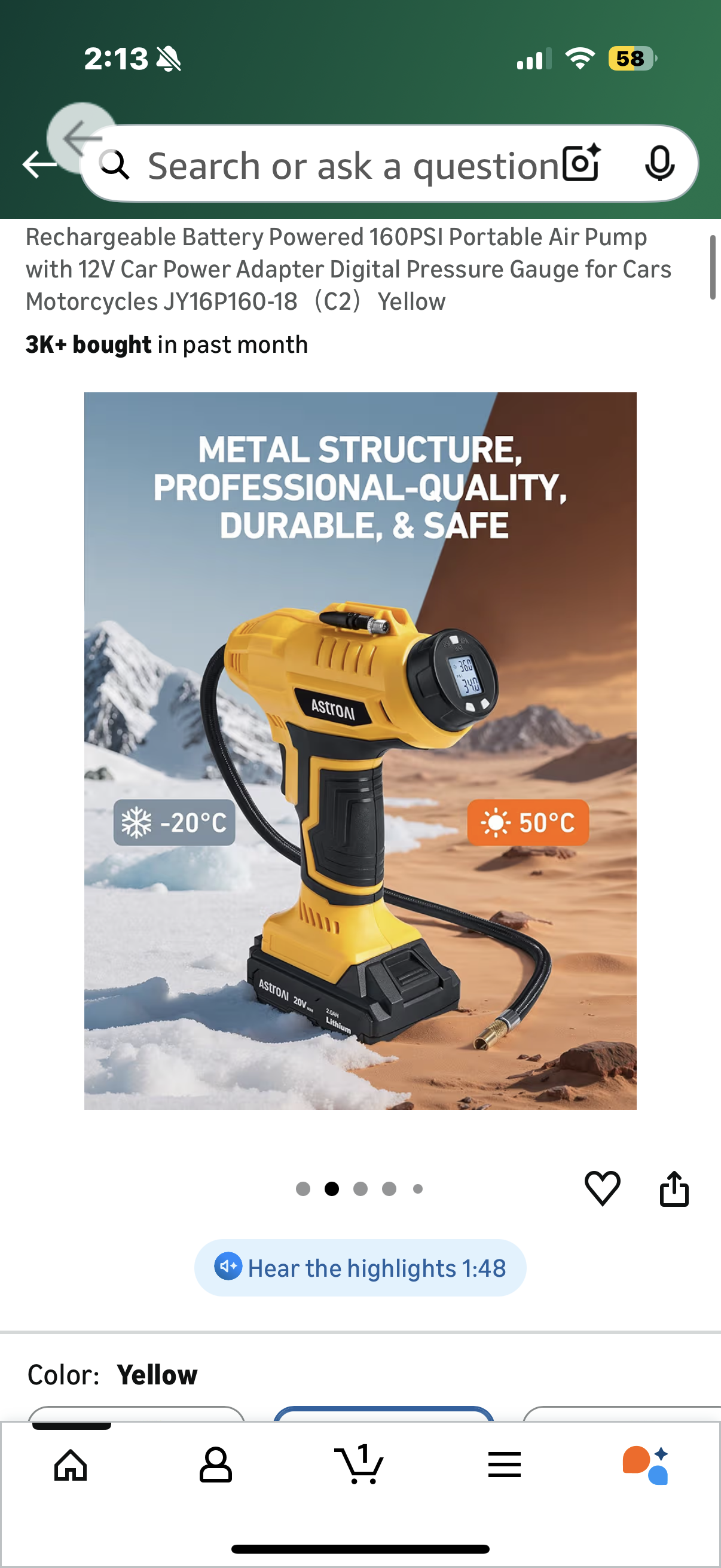 AstroAI Cordless Tire Inflator Air Compressor 20V Rechargeable Battery Powered 160PSI Portable Air Pump with 12V Car Power Adapter Digital Pressure Gauge for Cars Motorcycles JY16P160-18(C2)Yellow