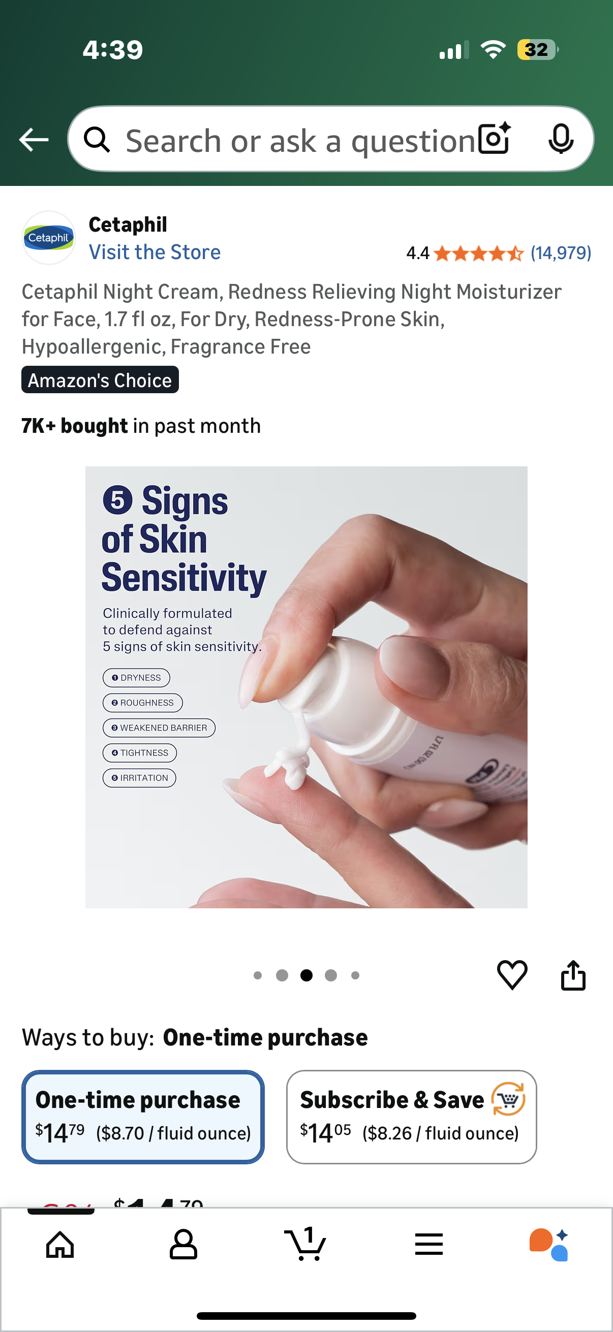 Cetaphil Night Cream, Redness Relieving Night Moisturizer for Face, 1.7 fl oz, For Dry, Redness-Prone Skin, Hypoallergenic, Fragrance Free