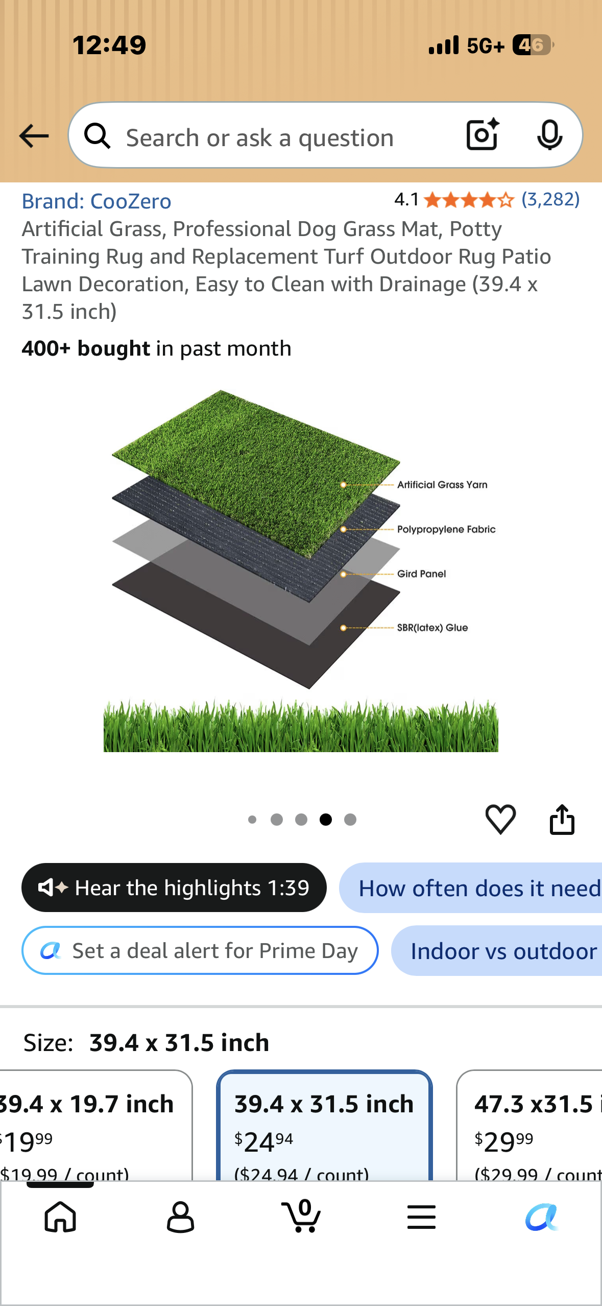 Artificial Grass, Professional Dog Grass Mat, Potty Training Rug and Replacement Turf Outdoor Rug Patio Lawn Decoration, Easy to Clean with Drainage (39.4 x 31.5 inch)