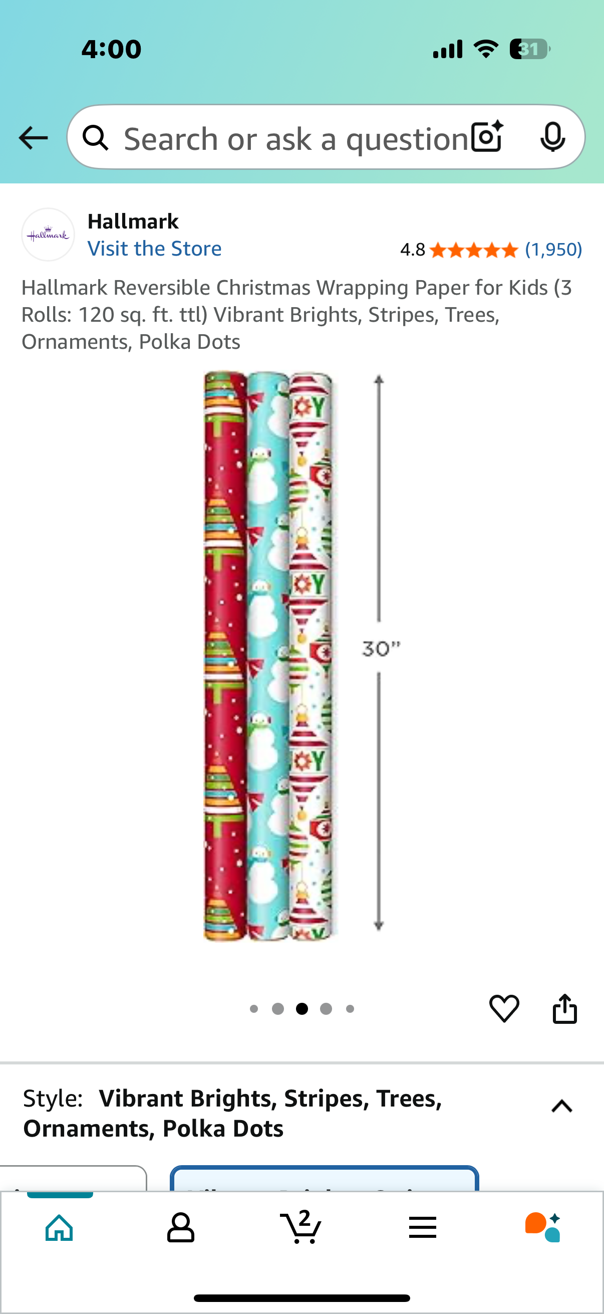 Hallmark Reversible Christmas Wrapping Paper for Kids (3 Rolls: 120 sq. ft. ttl) Vibrant Brights, Stripes, Trees, Ornaments, Polka Dots