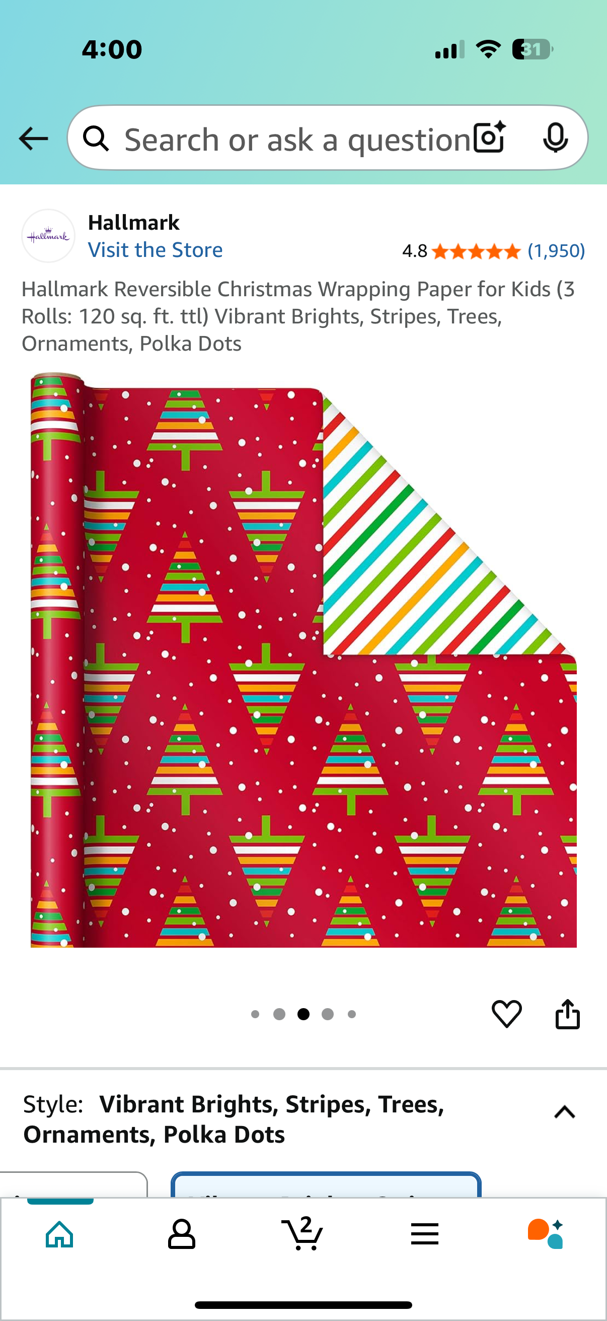 Hallmark Reversible Christmas Wrapping Paper for Kids (3 Rolls: 120 sq. ft. ttl) Vibrant Brights, Stripes, Trees, Ornaments, Polka Dots