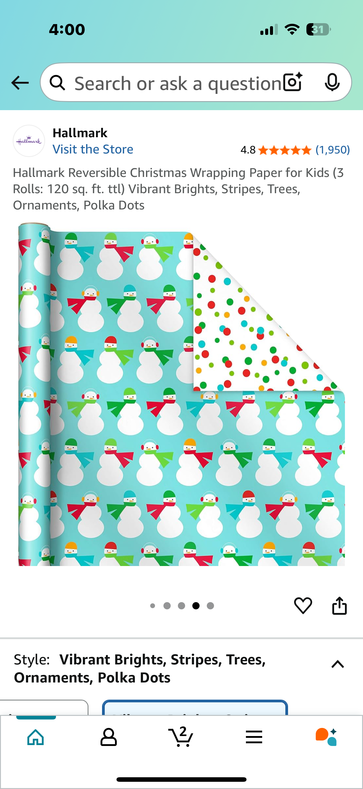 Hallmark Reversible Christmas Wrapping Paper for Kids (3 Rolls: 120 sq. ft. ttl) Vibrant Brights, Stripes, Trees, Ornaments, Polka Dots