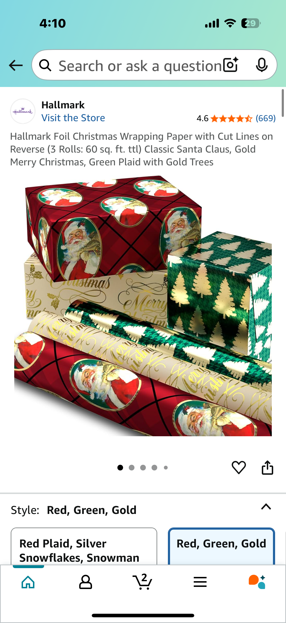 Hallmark Foil Christmas Wrapping Paper with Cut Lines on Reverse (3 Rolls: 60 sq. ft. ttl) Classic Santa Claus, Gold Merry Christmas, Green Plaid with Gold Trees