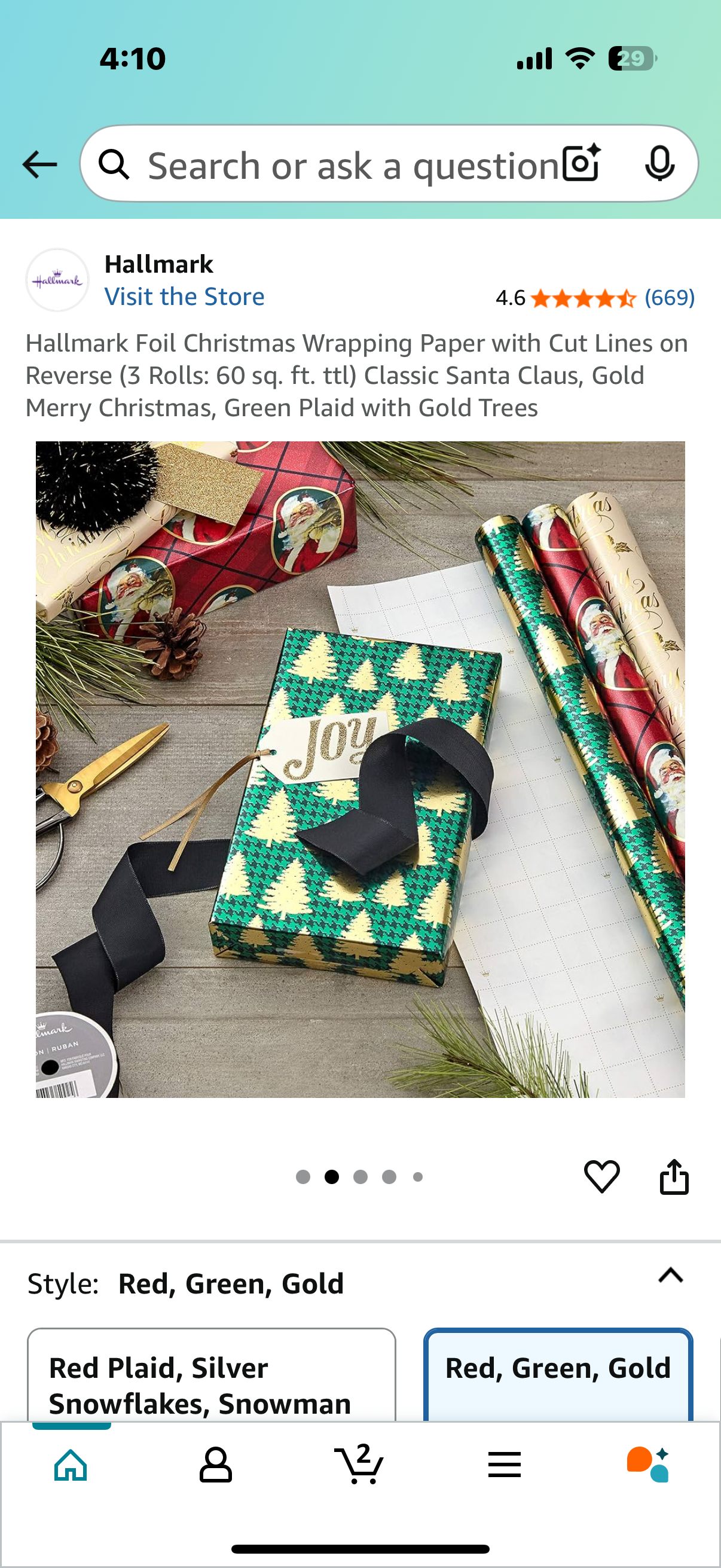 Hallmark Foil Christmas Wrapping Paper with Cut Lines on Reverse (3 Rolls: 60 sq. ft. ttl) Classic Santa Claus, Gold Merry Christmas, Green Plaid with Gold Trees
