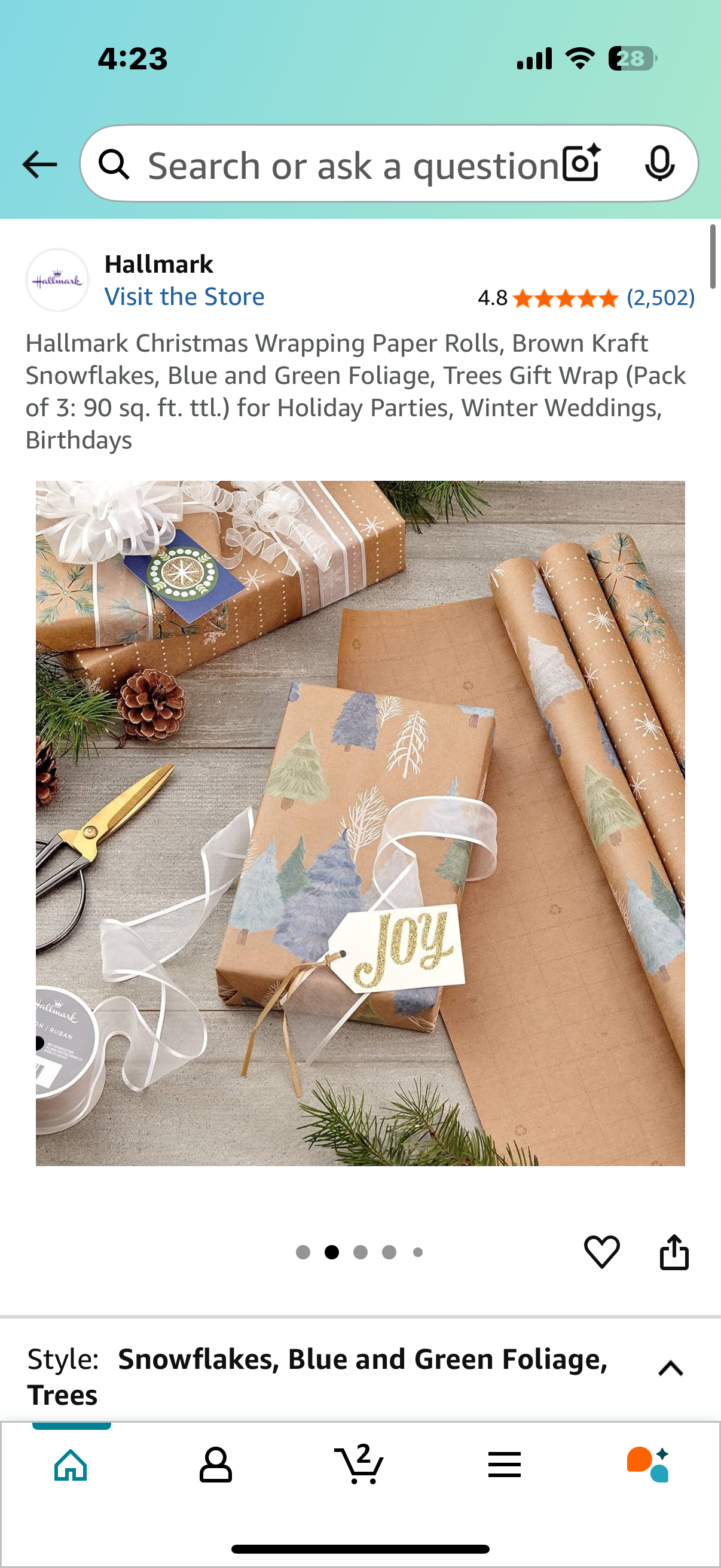 Hallmark Christmas Wrapping Paper Rolls, Brown Kraft Snowflakes, Blue and Green Foliage, Trees Gift Wrap (Pack of 3: 90 sq. ft. ttl.) for Holiday Parties, Winter Weddings, Birthdays