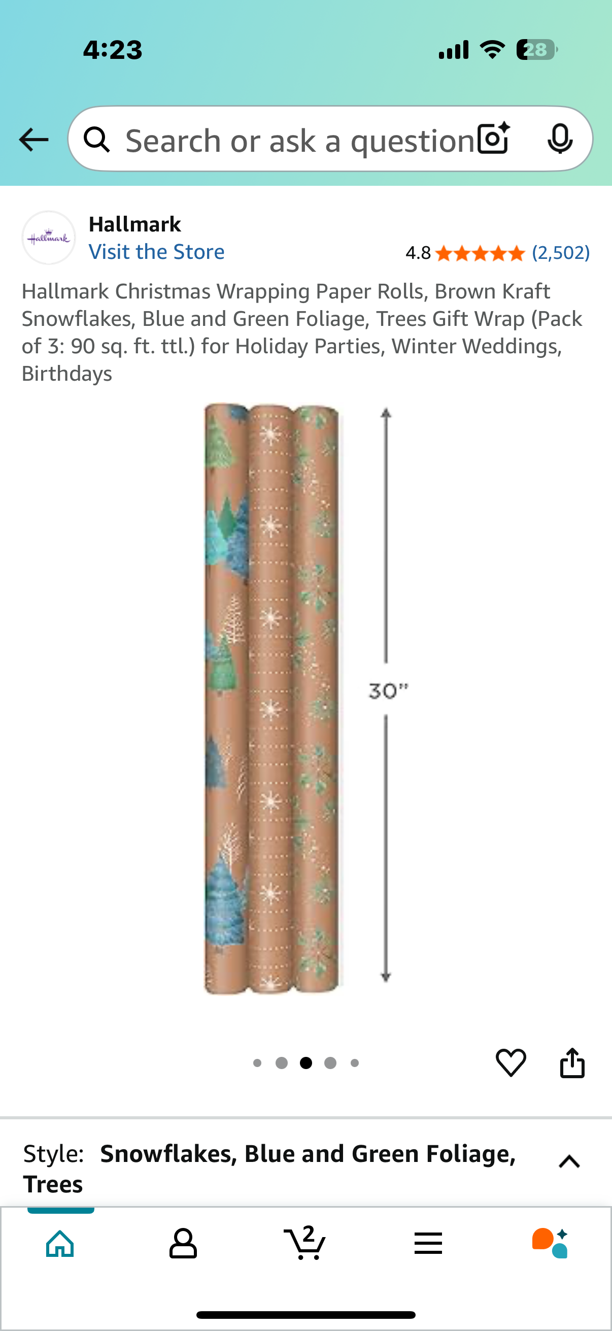Hallmark Christmas Wrapping Paper Rolls, Brown Kraft Snowflakes, Blue and Green Foliage, Trees Gift Wrap (Pack of 3: 90 sq. ft. ttl.) for Holiday Parties, Winter Weddings, Birthdays
