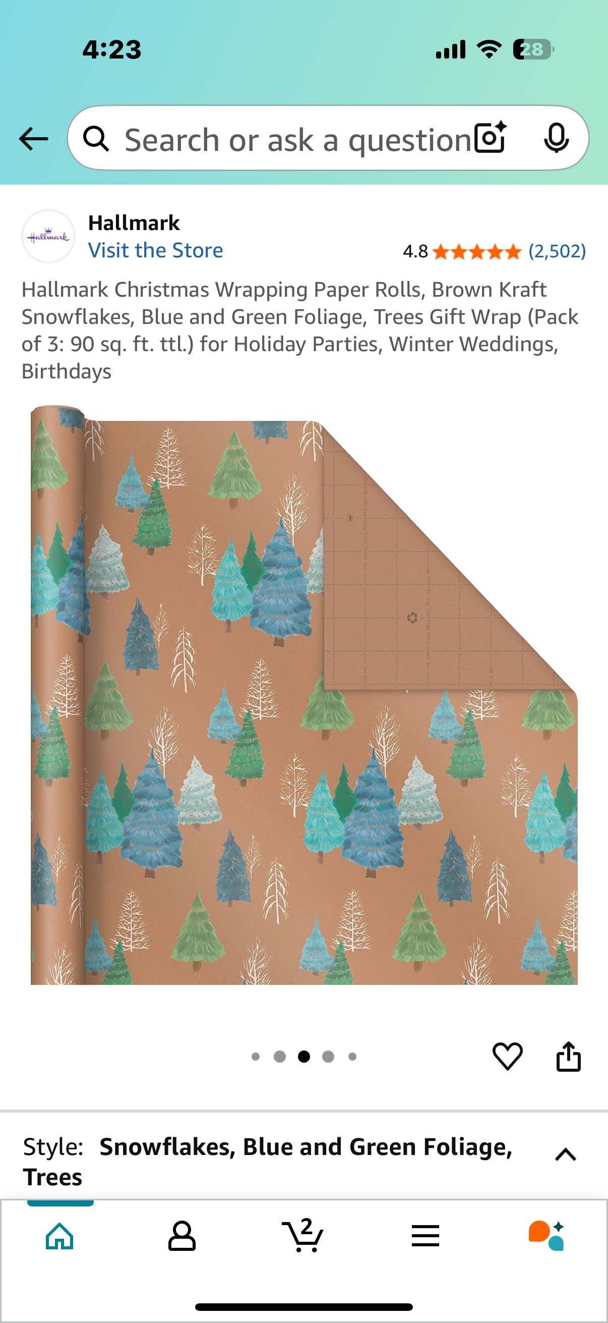 Hallmark Christmas Wrapping Paper Rolls, Brown Kraft Snowflakes, Blue and Green Foliage, Trees Gift Wrap (Pack of 3: 90 sq. ft. ttl.) for Holiday Parties, Winter Weddings, Birthdays
