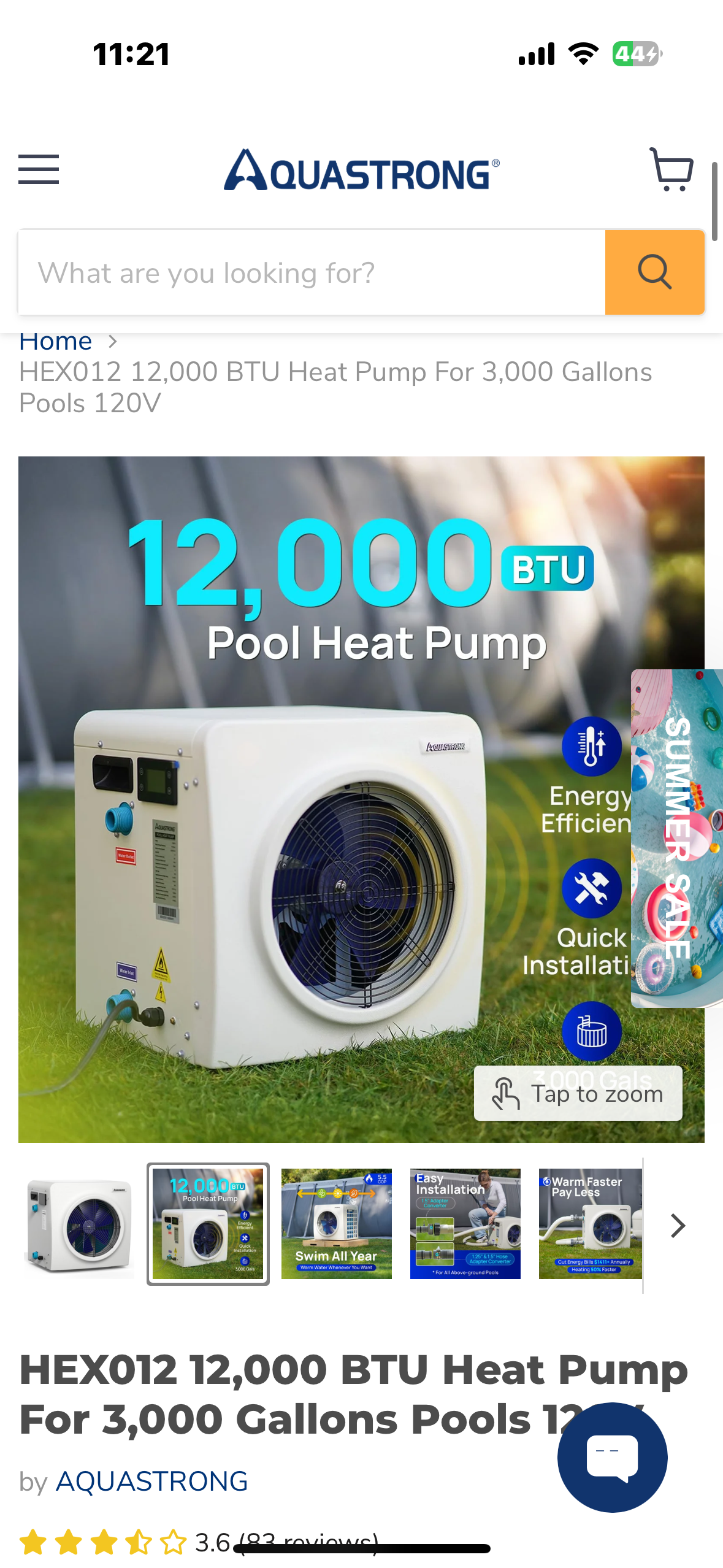 HEX012 12,000 BTU Heat Pump For 3,000 Gallons Pools 120V (W433)