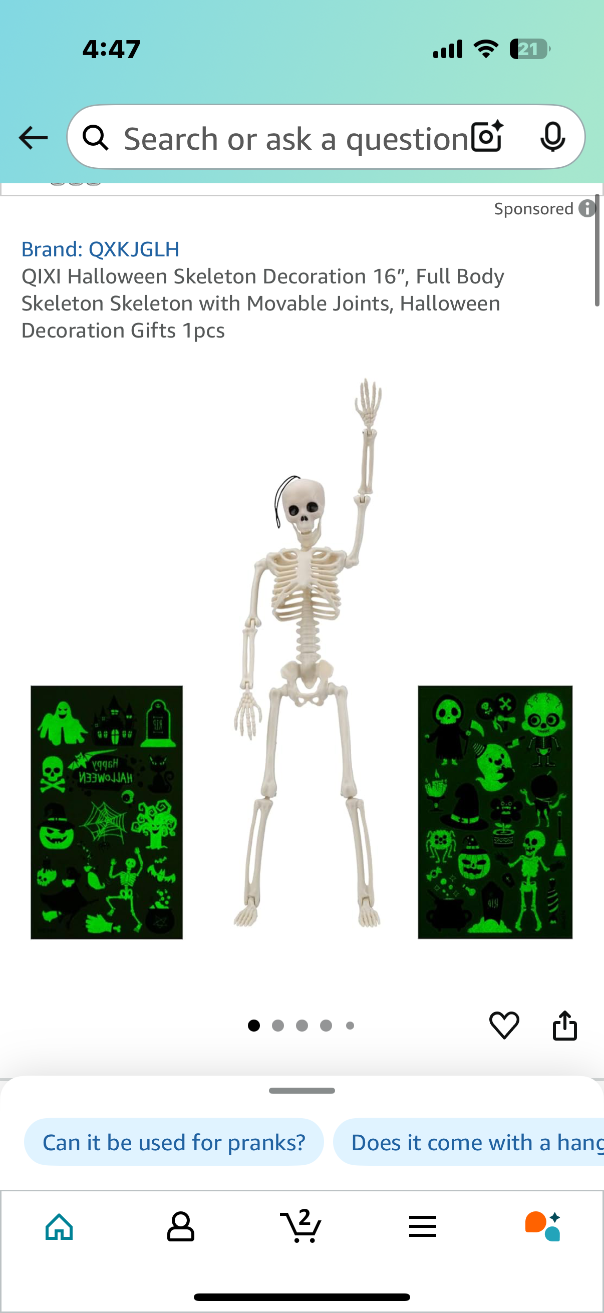 QIXI Halloween Skeleton Decoration 16”, Full Body Skeleton Skeleton with Movable Joints, Halloween Decoration Gifts 1pcs