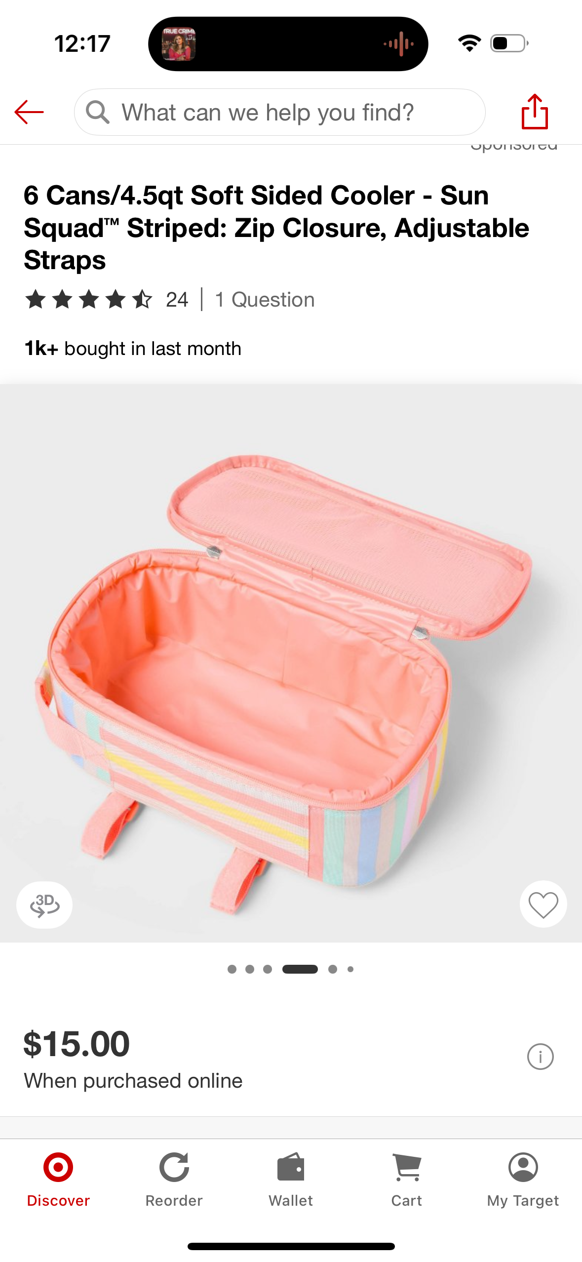 6 Cans/4.5qt Soft Sided Cooler - Sun Squad™ Striped: Zip Closure, Adjustable Straps