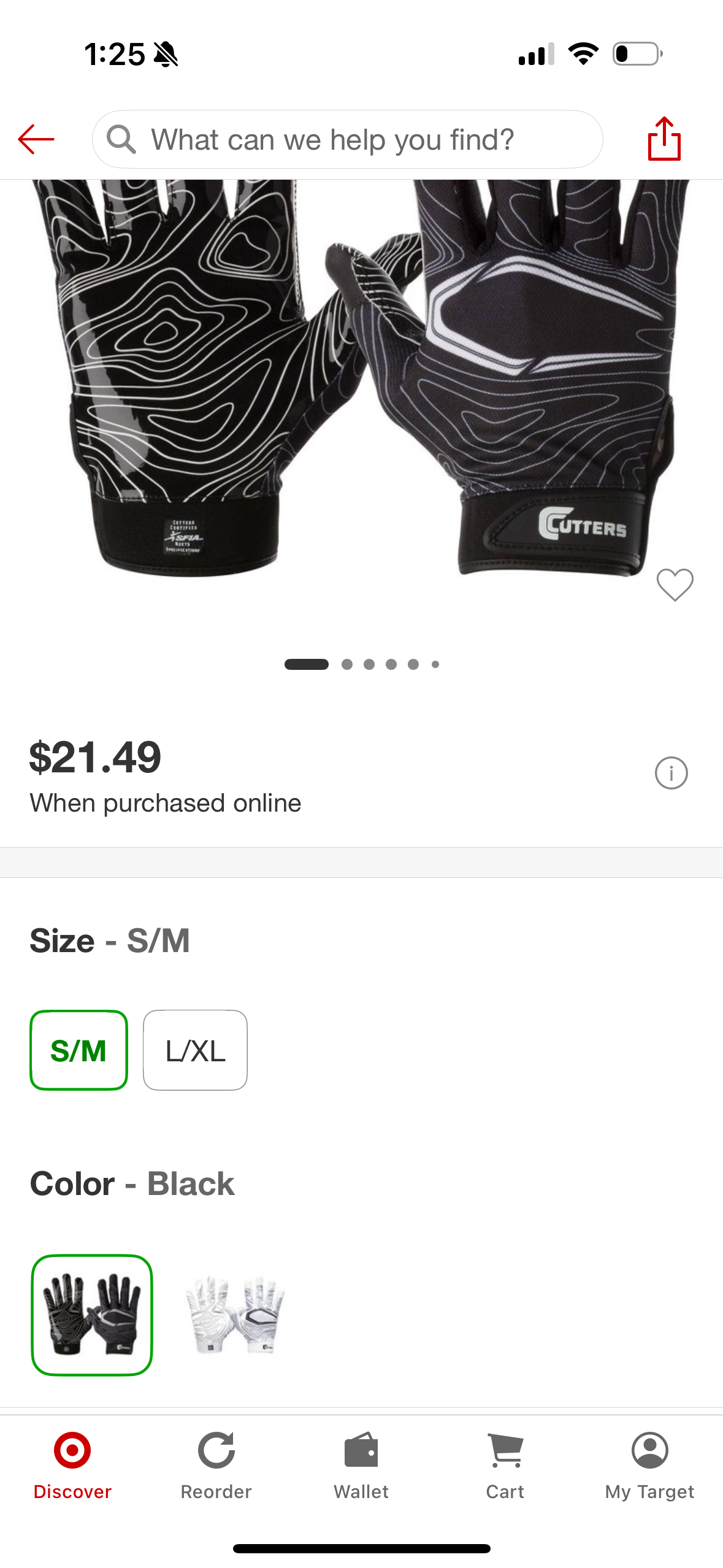 Cutters Game Day Receiver Gloves - Black S/M: Strap Closure, Silicone Material, Football Use