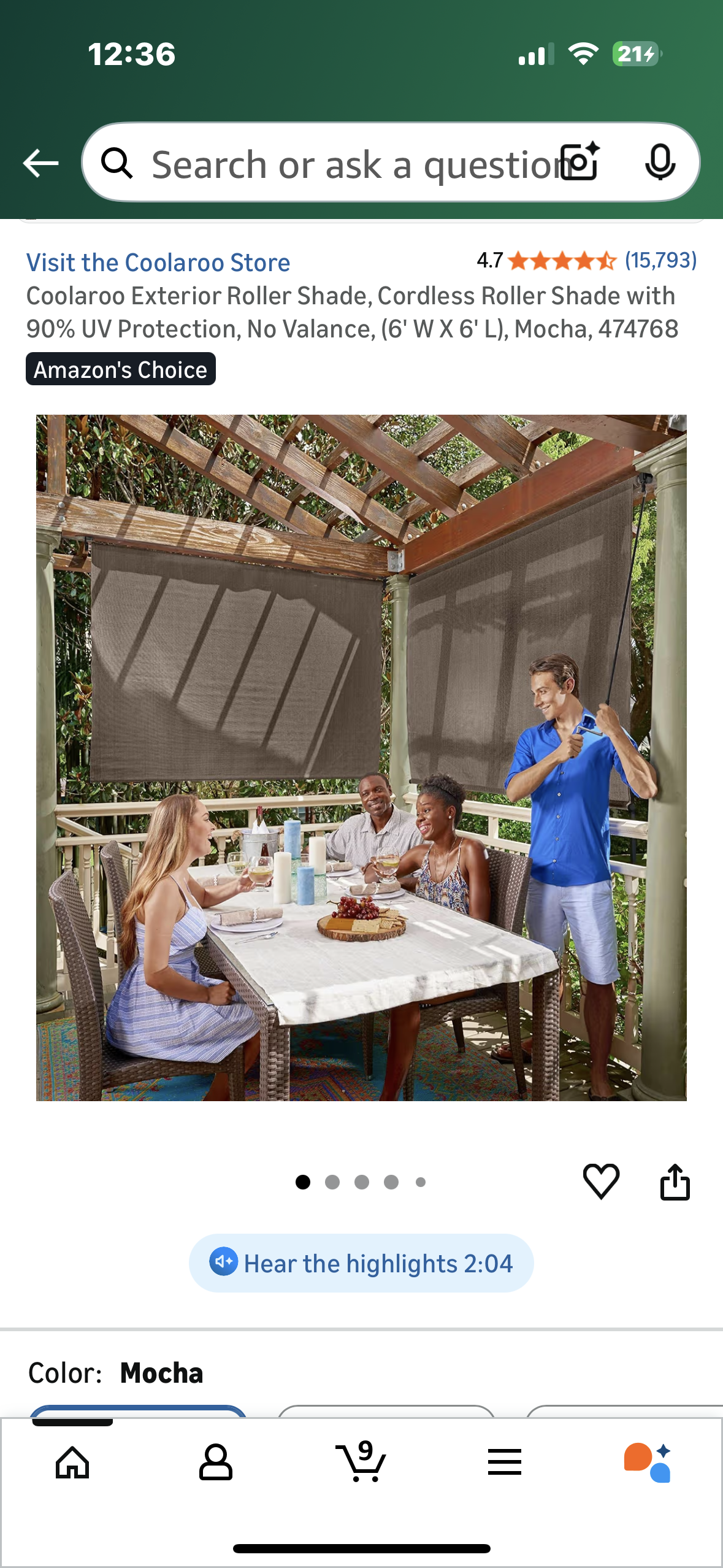 Coolaroo Exterior Roller Shade, Cordless Roller Shade with 90% UV Protection, No Valance, (6' W X 6' L), Mocha, 474768 (L1105)