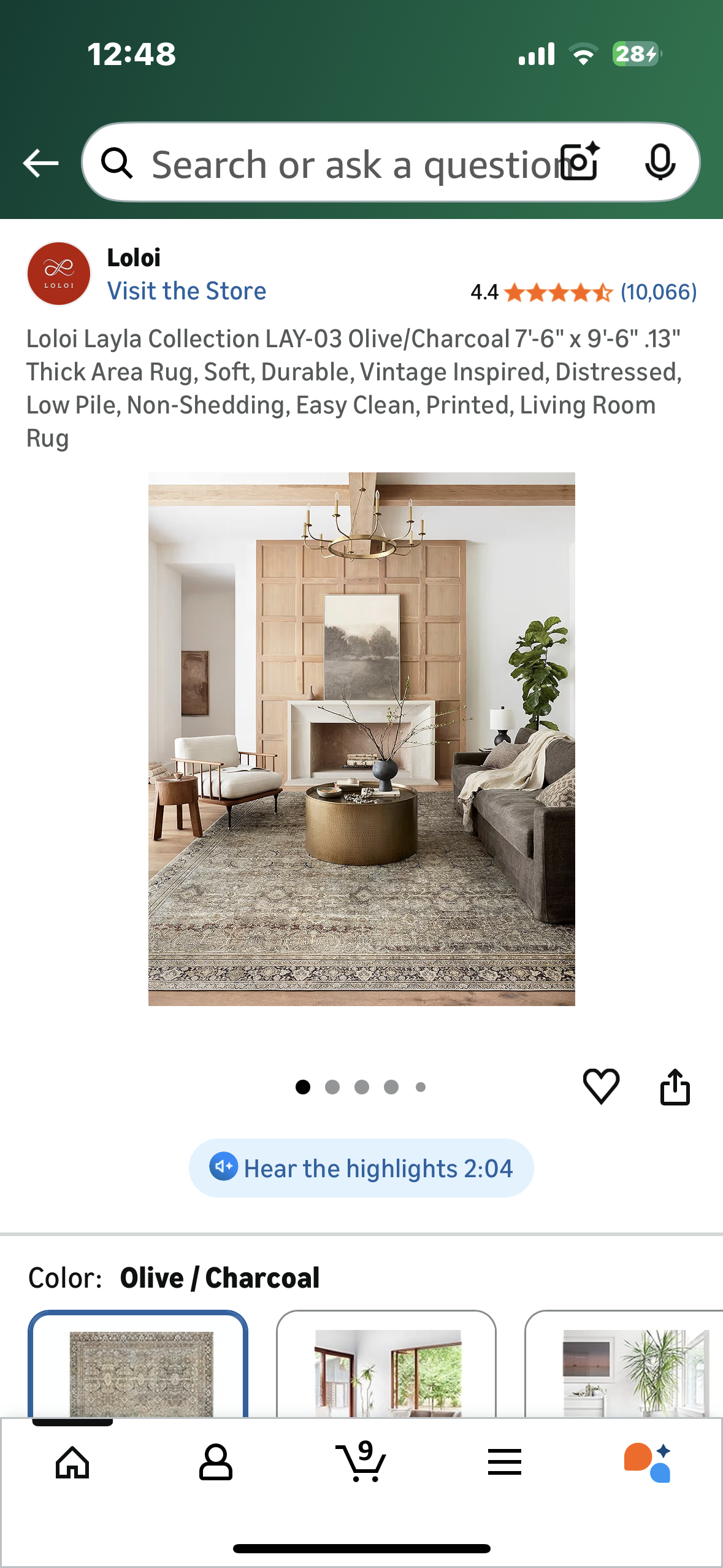 Loloi Layla Collection LAY-03 Olive/Charcoal 7'-6" x 9'-6" .13" Thick Area Rug, Soft, Durable, Vintage Inspired, Distressed, Low Pile, Non-Shedding, Easy Clean, Printed, Living Room Rug (L1106)