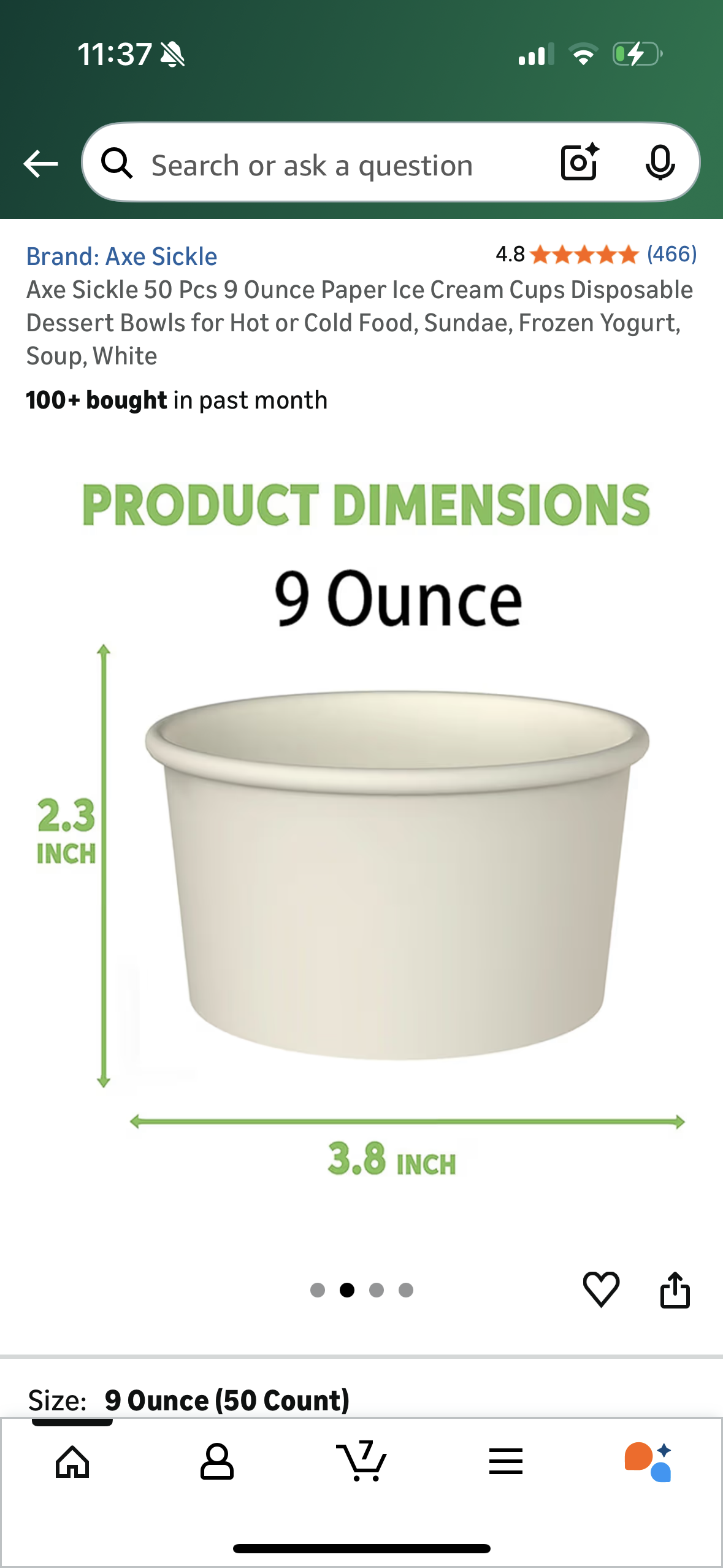 Axe Sickle 50 Pcs 9 Ounce Paper Ice Cream Cups Disposable Dessert Bowls for Hot or Cold Food, Sundae, Frozen Yogurt, Soup, White