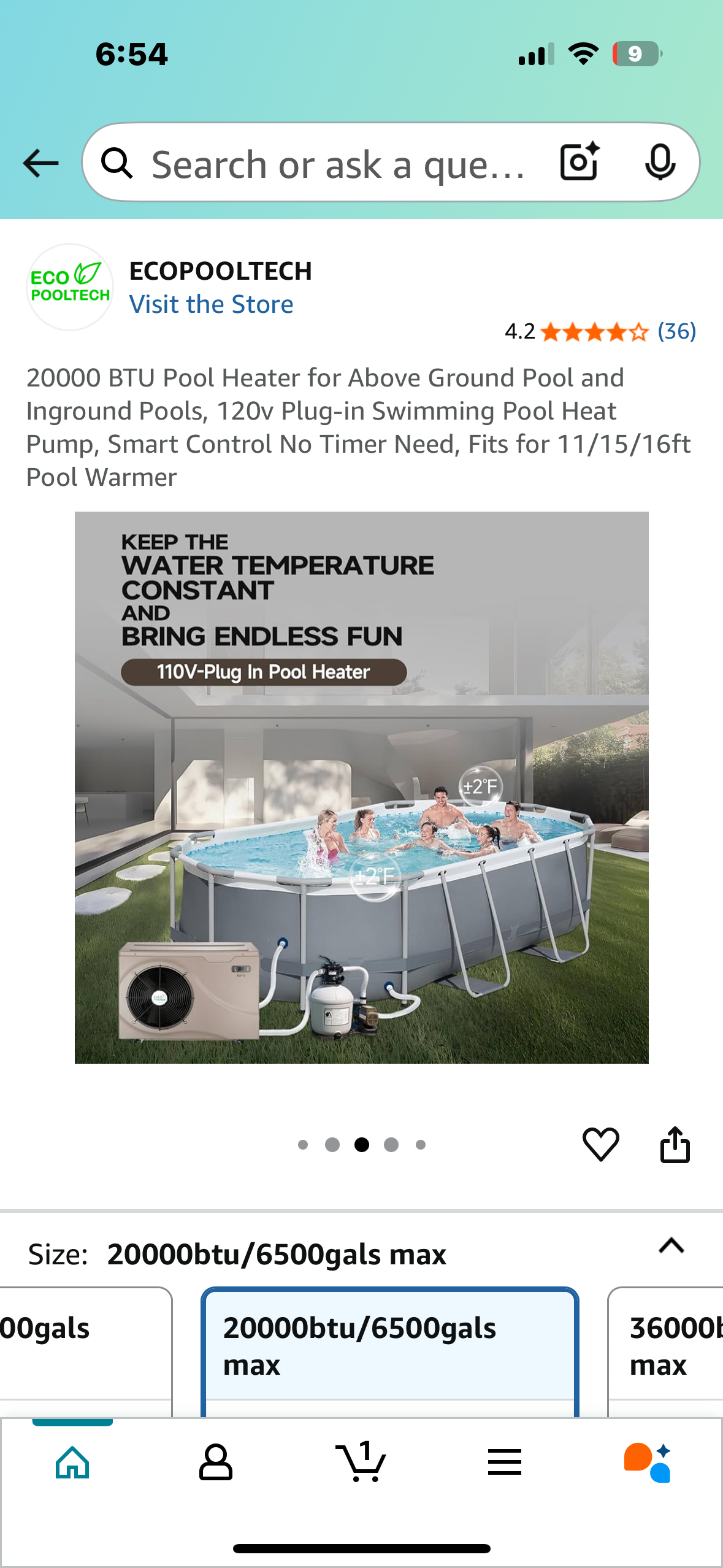 20000 BTU Pool Heater for Above Ground Pool and Inground Pools, 120v Plug-in Swimming Pool Heat Pump, Smart Control No Timer Need, Fits for 11/15/16ft Pool Warmer (R654)
