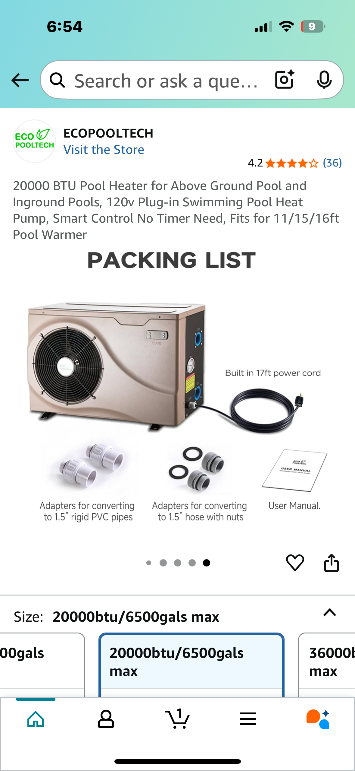 20000 BTU Pool Heater for Above Ground Pool and Inground Pools, 120v Plug-in Swimming Pool Heat Pump, Smart Control No Timer Need, Fits for 11/15/16ft Pool Warmer (R654)